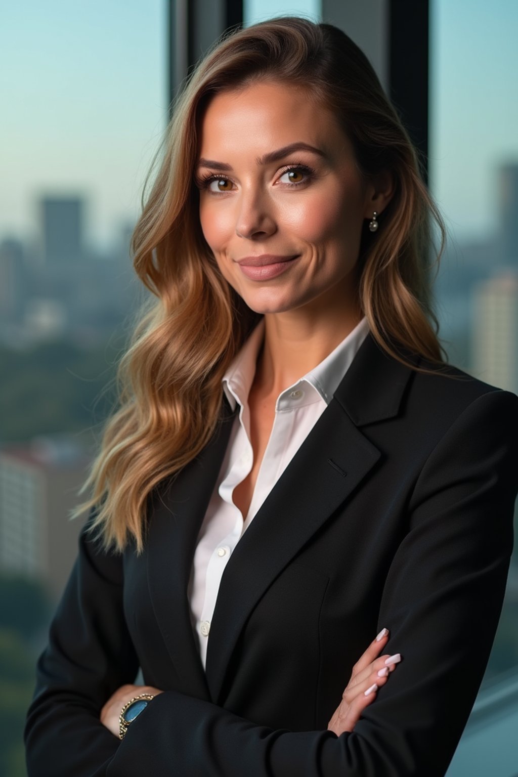 8k professional headshot of woman, crisp details, studio backdrop, executive attire, confident posture, neutral expression, high-definition, corporate setting, sharp focus, ambient lighting, business professional, cityscape view