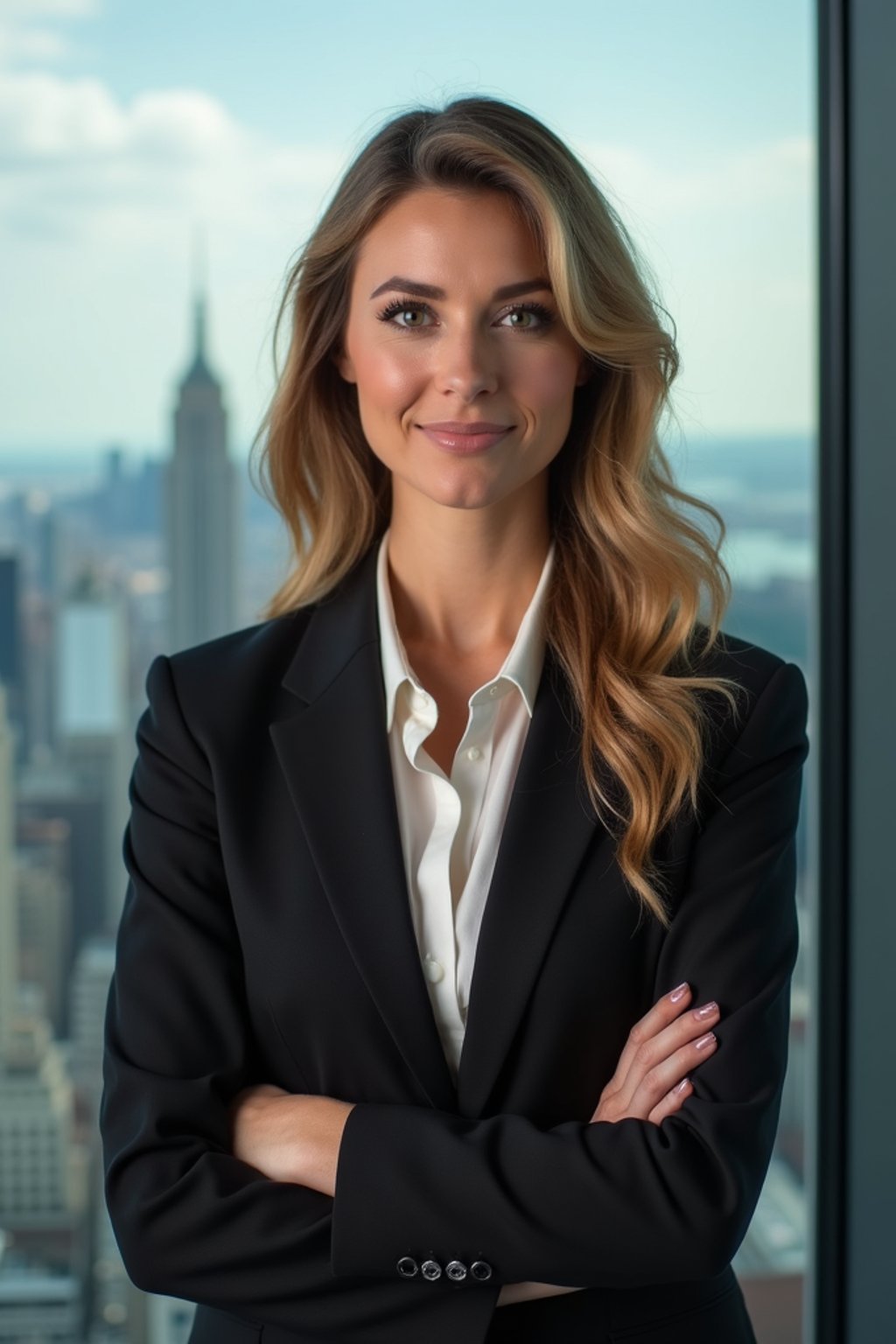 8k professional headshot of woman, crisp details, studio backdrop, executive attire, confident posture, neutral expression, high-definition, corporate setting, sharp focus, ambient lighting, business professional, cityscape view