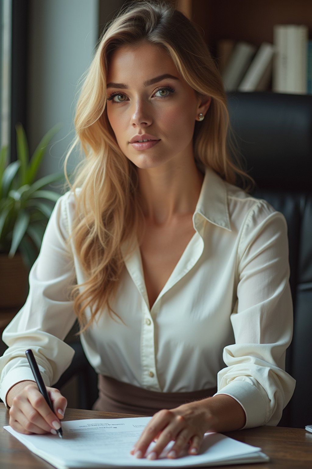 headshot of woman, sitting at a desk, at a (office), BREAK elegant blouse, pencil skirt, makeup