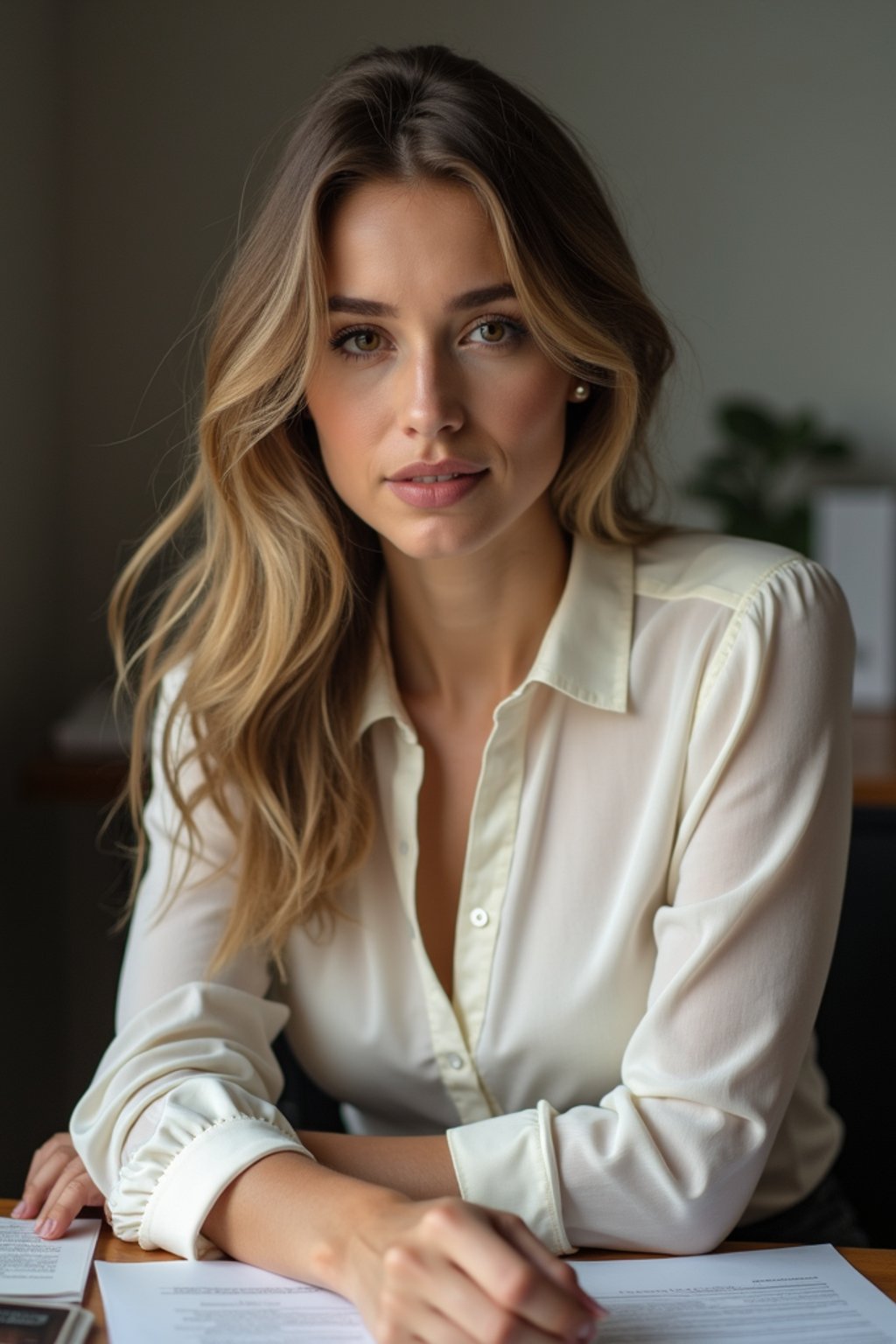 headshot of woman, sitting at a desk, at a (office), BREAK elegant blouse, pencil skirt, makeup