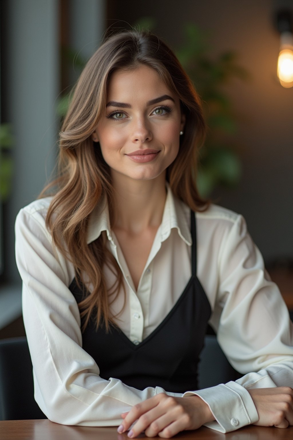 headshot of woman, sitting at a desk, at a (office), BREAK elegant blouse, pencil skirt, makeup