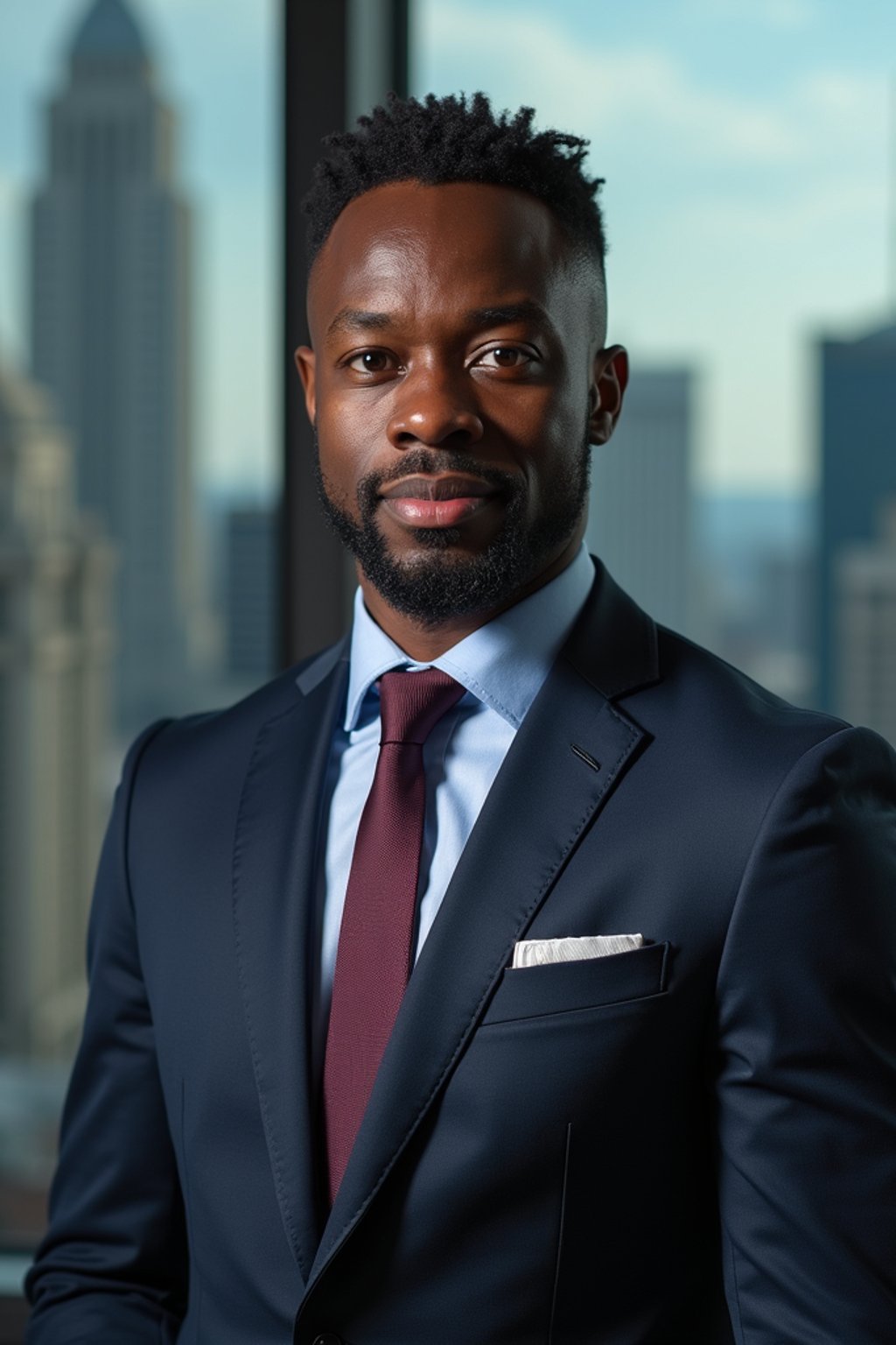 8k professional headshot of man, crisp details, studio backdrop, executive attire, confident posture, neutral expression, high-definition, corporate setting, sharp focus, ambient lighting, business professional, cityscape view