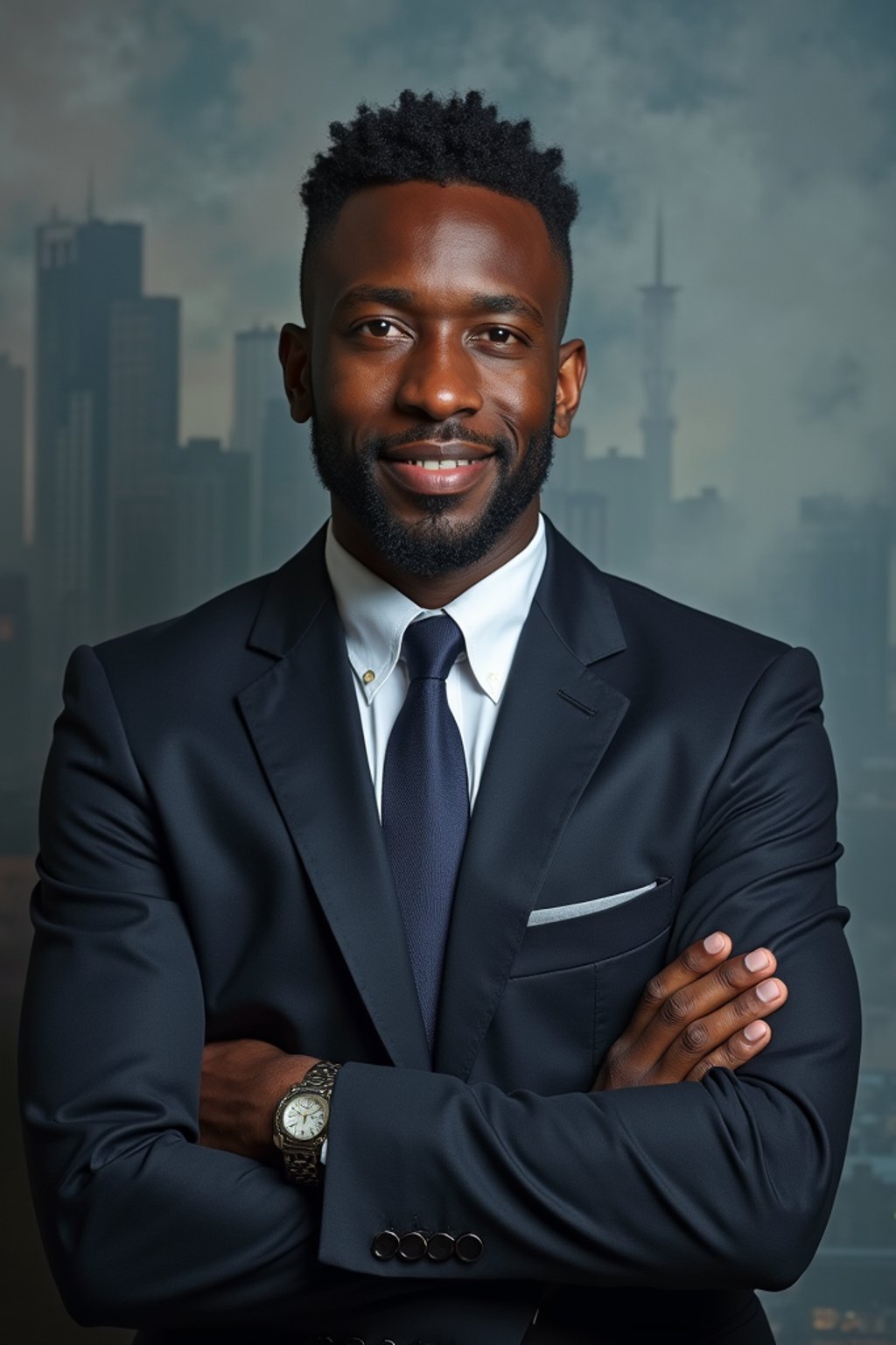 8k professional headshot of man, crisp details, studio backdrop, executive attire, confident posture, neutral expression, high-definition, corporate setting, sharp focus, ambient lighting, business professional, cityscape view