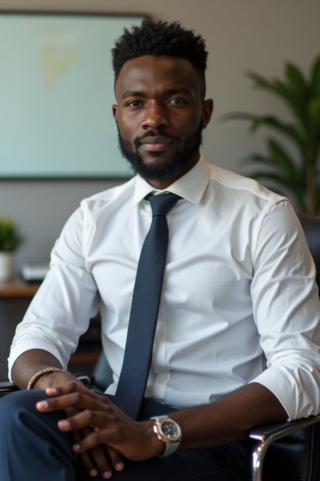 headshot of man, sitting at a desk, at a (office),  shirt and tie and suit pants