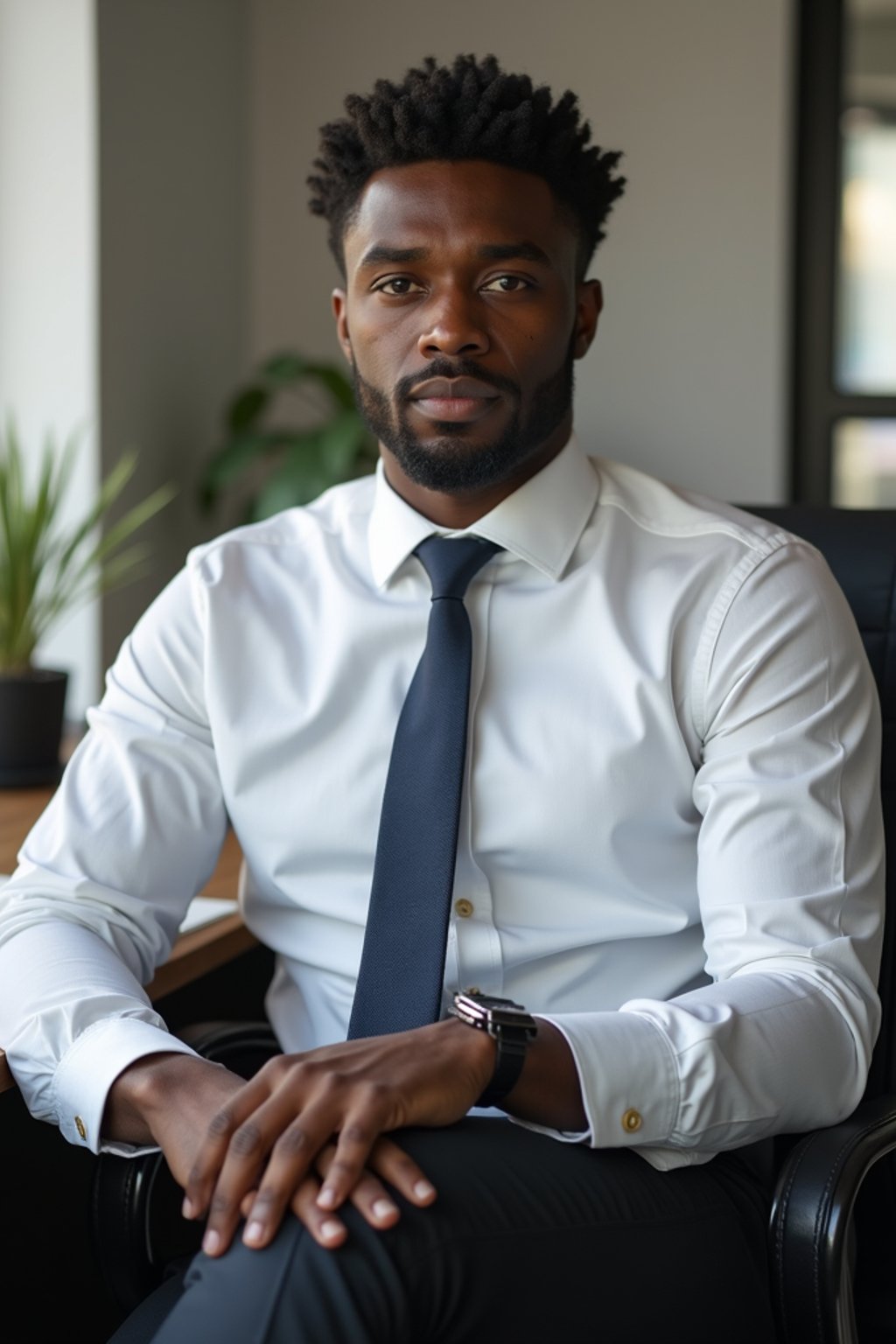 headshot of man, sitting at a desk, at a (office),  shirt and tie and suit pants