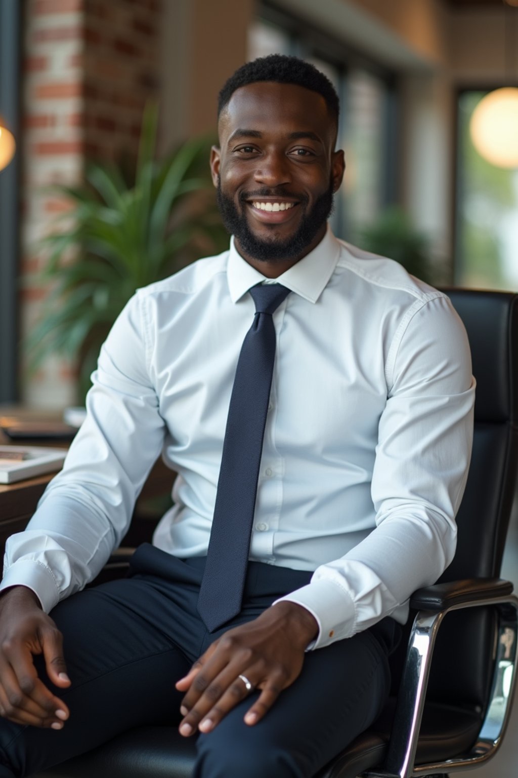 headshot of man, sitting at a desk, at a (office),  shirt and tie and suit pants