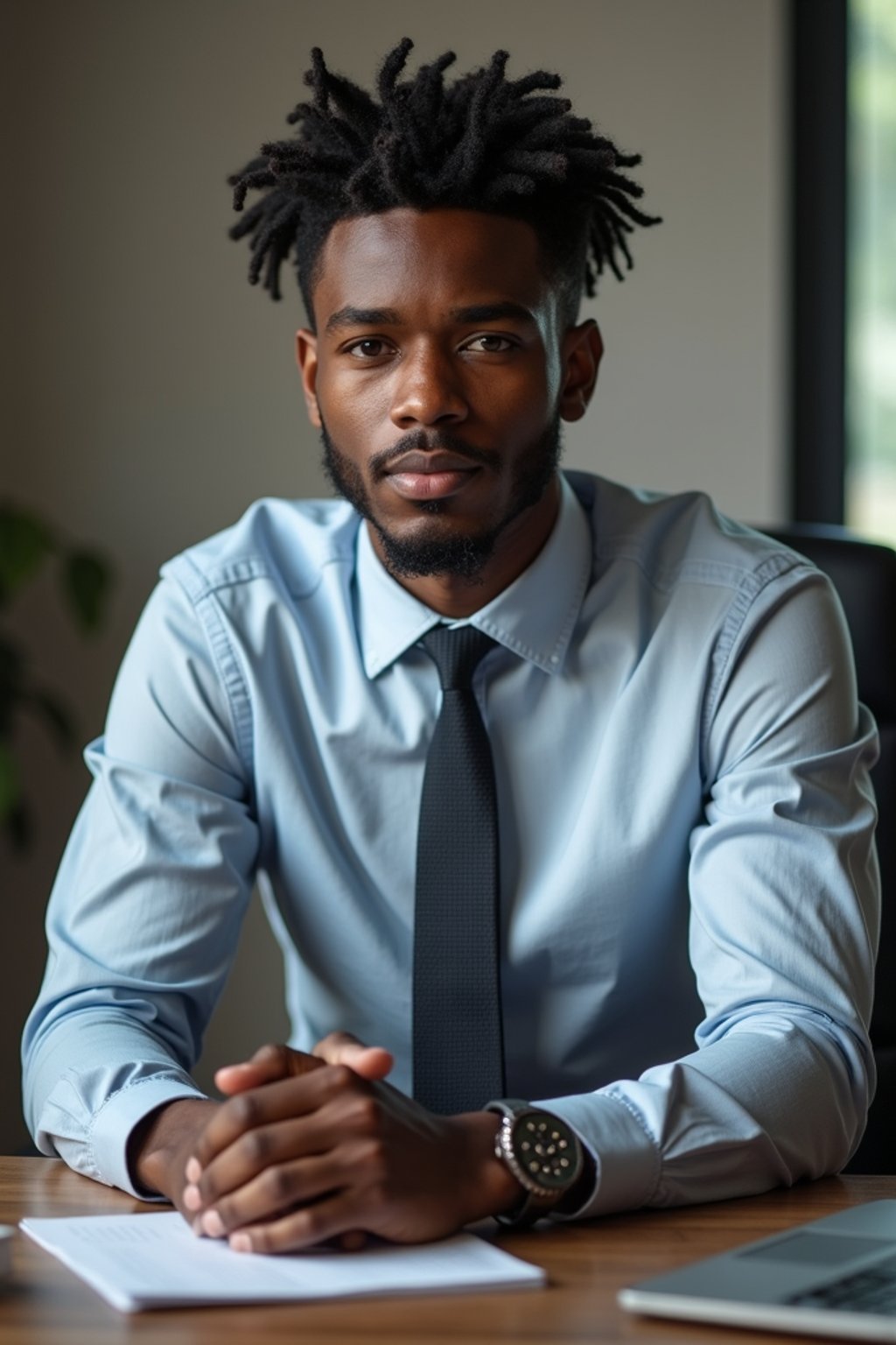 headshot of man, sitting at a desk, at a (office),  shirt and tie and suit pants