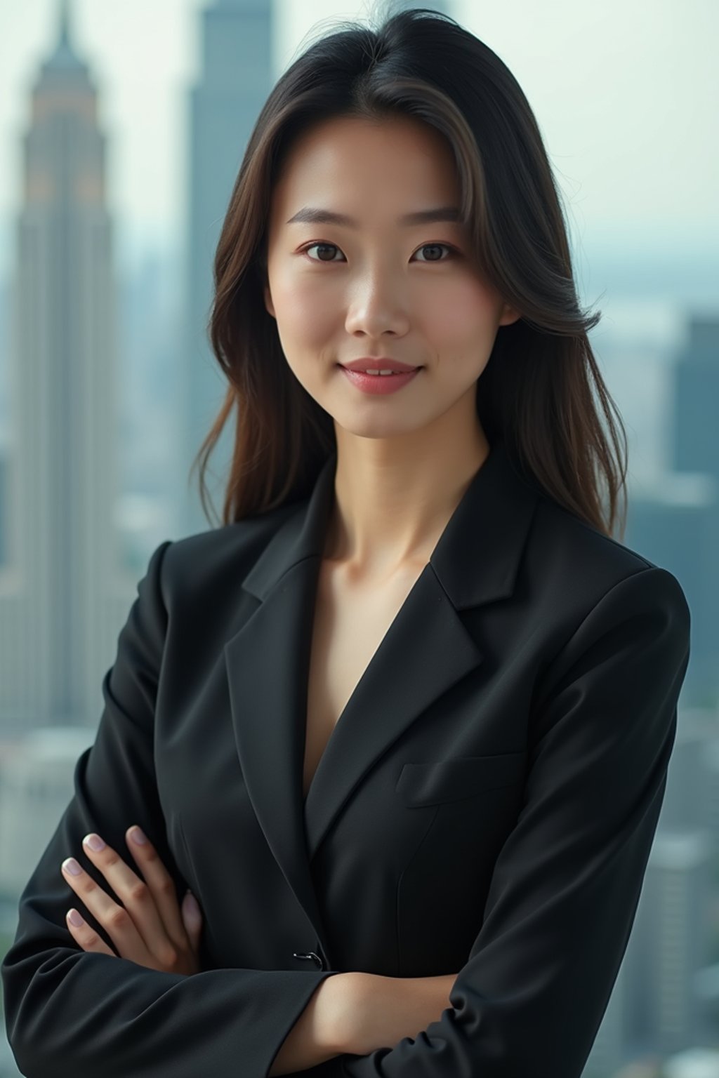 8k professional headshot of woman, crisp details, studio backdrop, executive attire, confident posture, neutral expression, high-definition, corporate setting, sharp focus, ambient lighting, business professional, cityscape view