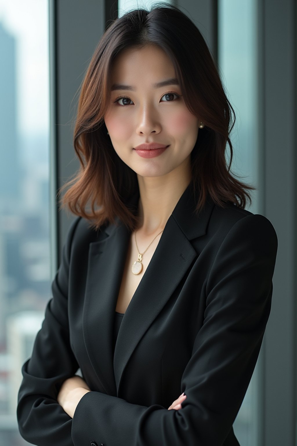 8k professional headshot of woman, crisp details, studio backdrop, executive attire, confident posture, neutral expression, high-definition, corporate setting, sharp focus, ambient lighting, business professional, cityscape view