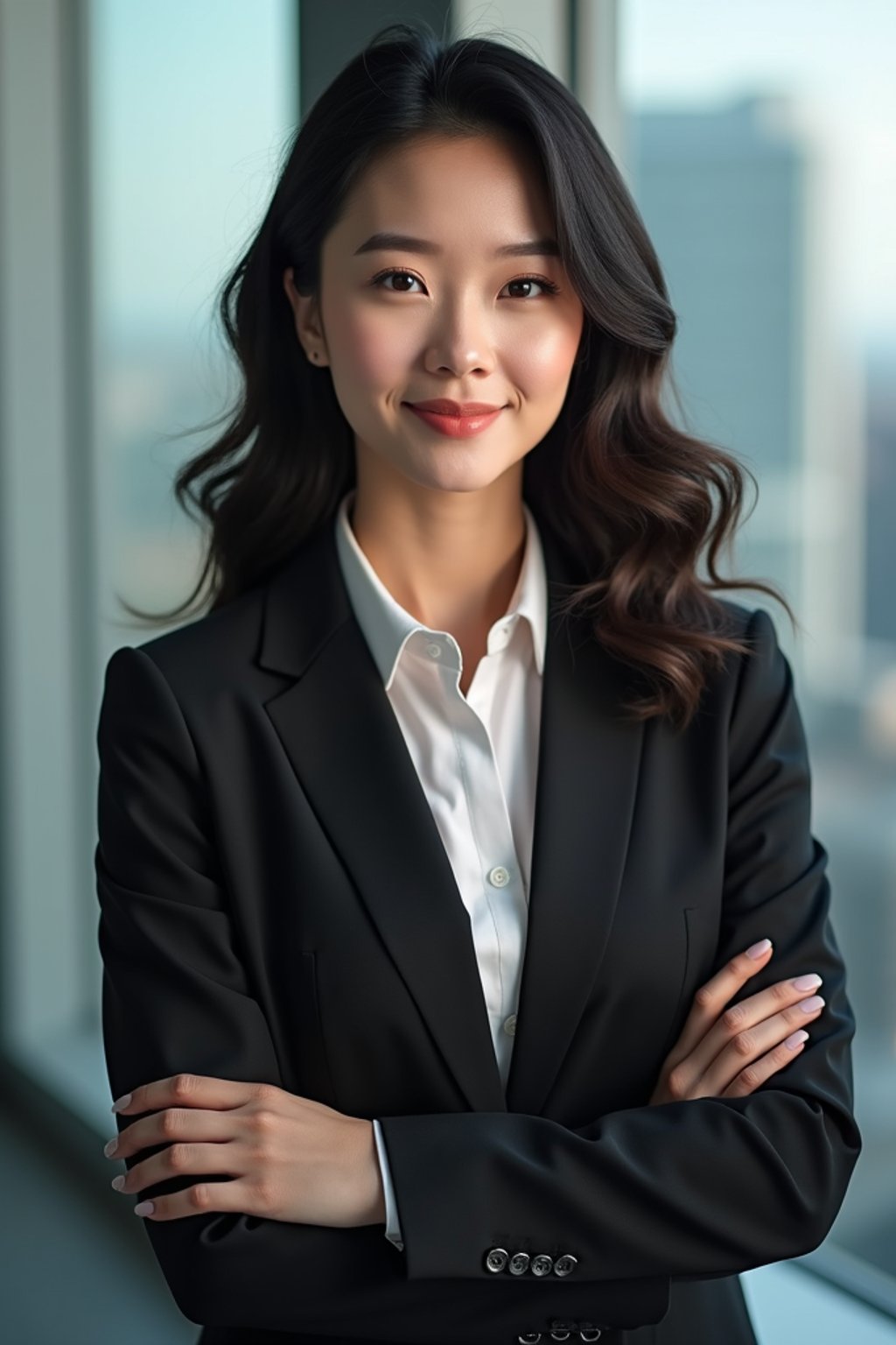 8k professional headshot of woman, crisp details, studio backdrop, executive attire, confident posture, neutral expression, high-definition, corporate setting, sharp focus, ambient lighting, business professional, cityscape view