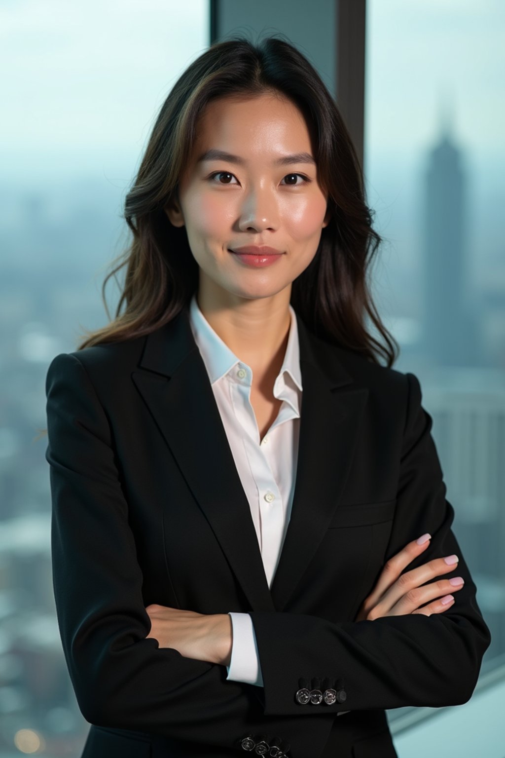 8k professional headshot of woman, crisp details, studio backdrop, executive attire, confident posture, neutral expression, high-definition, corporate setting, sharp focus, ambient lighting, business professional, cityscape view