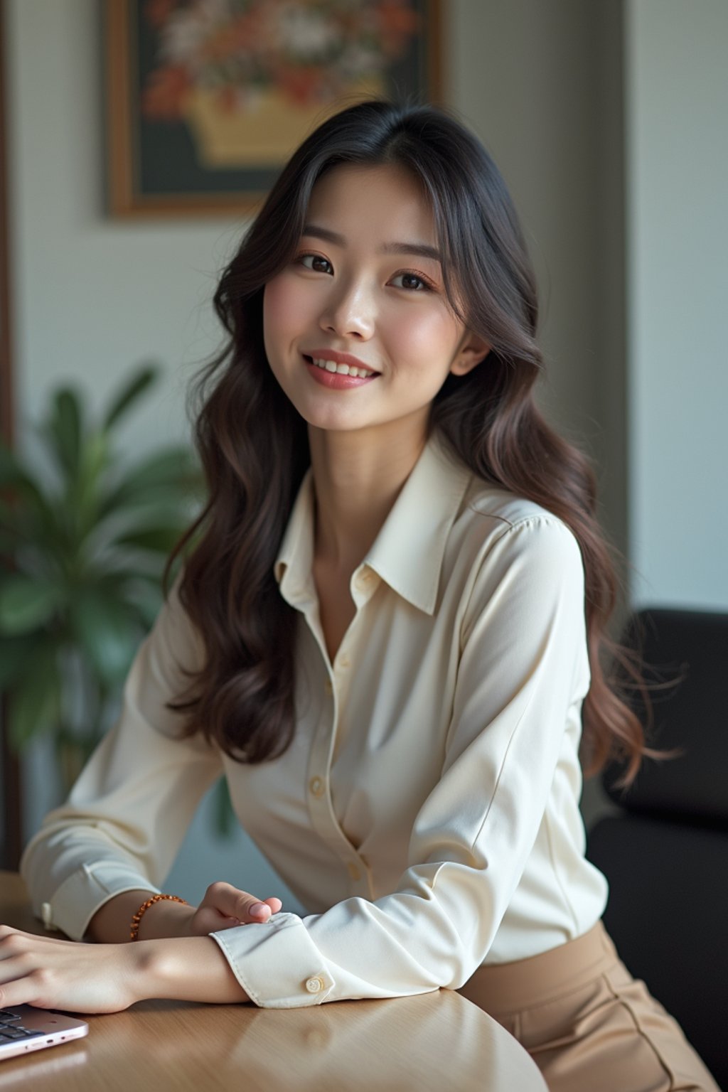 headshot of woman, sitting at a desk, at a (office), BREAK elegant blouse, pencil skirt, makeup