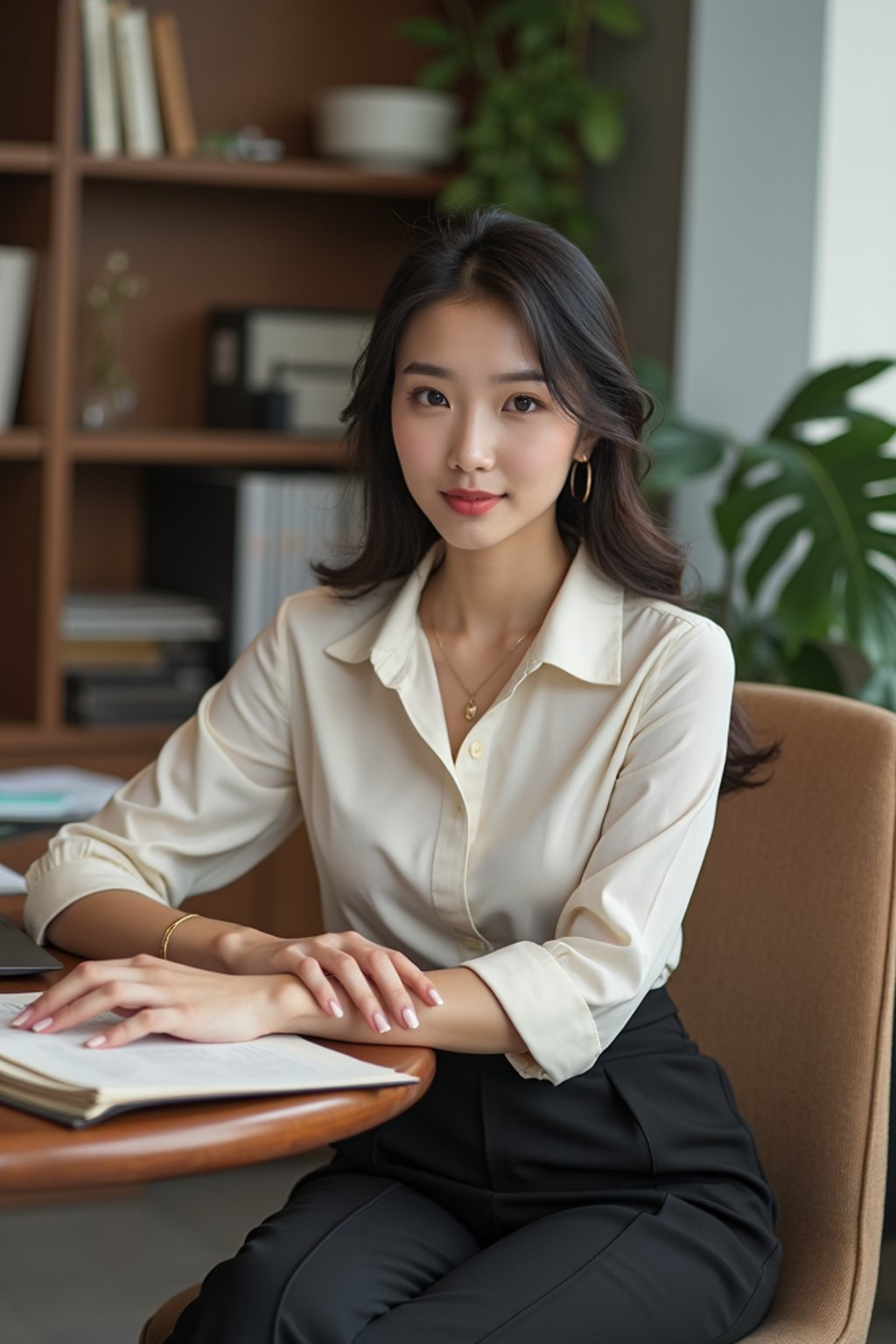 headshot of woman, sitting at a desk, at a (office), BREAK elegant blouse, pencil skirt, makeup