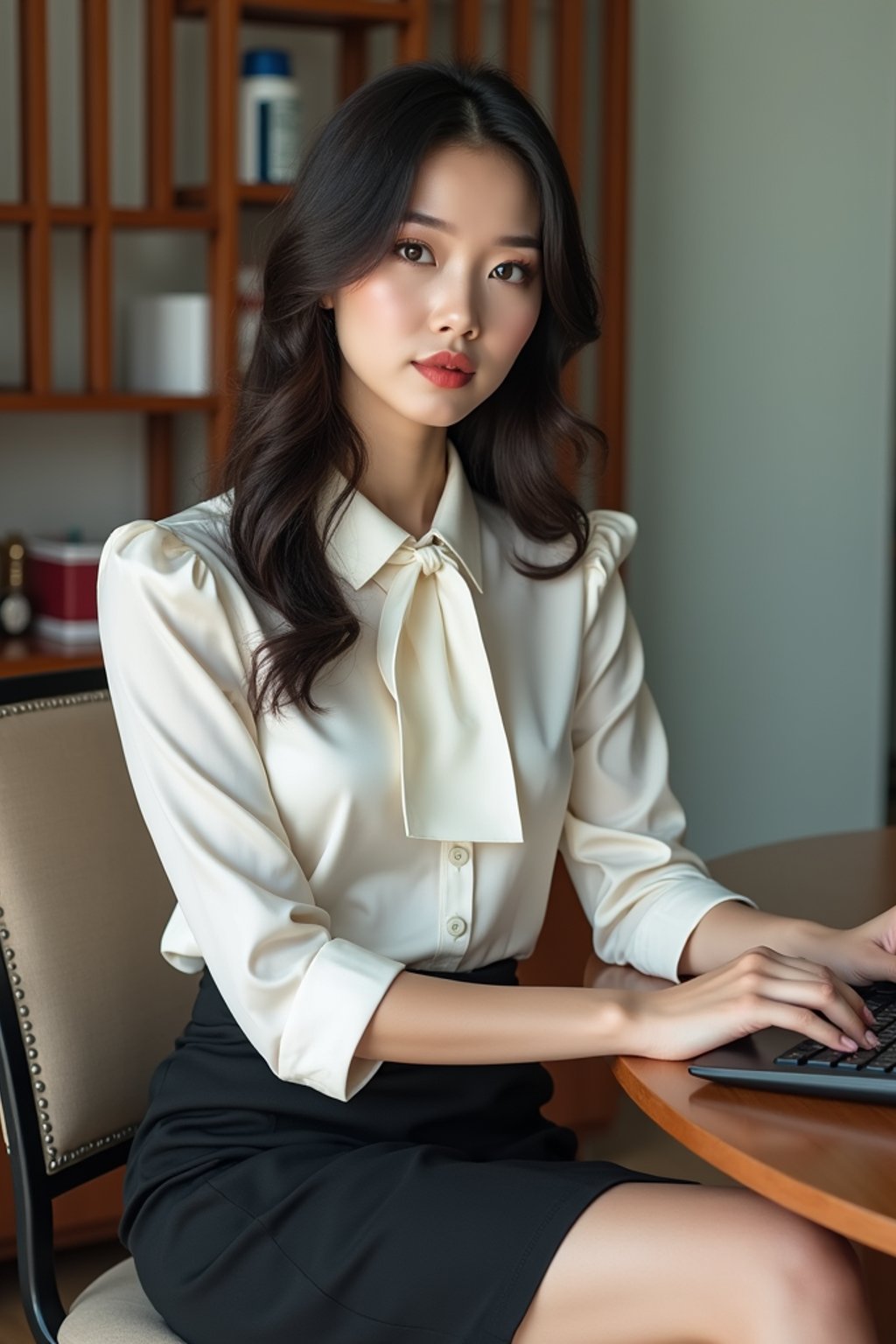 headshot of woman, sitting at a desk, at a (office), BREAK elegant blouse, pencil skirt, makeup