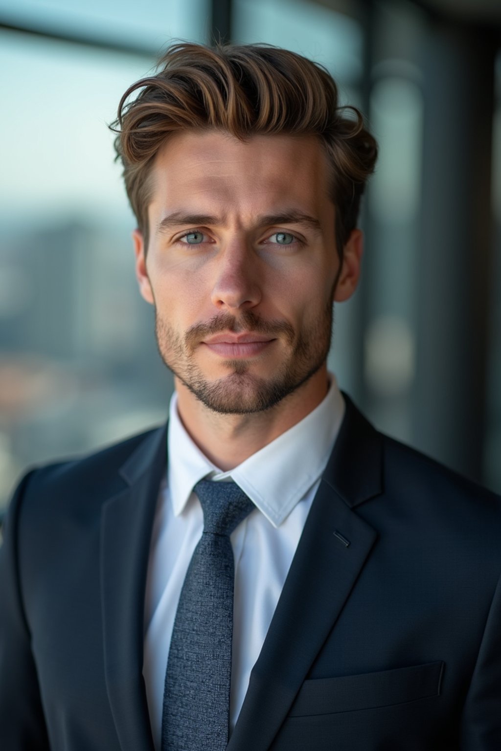 8k professional headshot of man, crisp details, studio backdrop, executive attire, confident posture, neutral expression, high-definition, corporate setting, sharp focus, ambient lighting, business professional, cityscape view