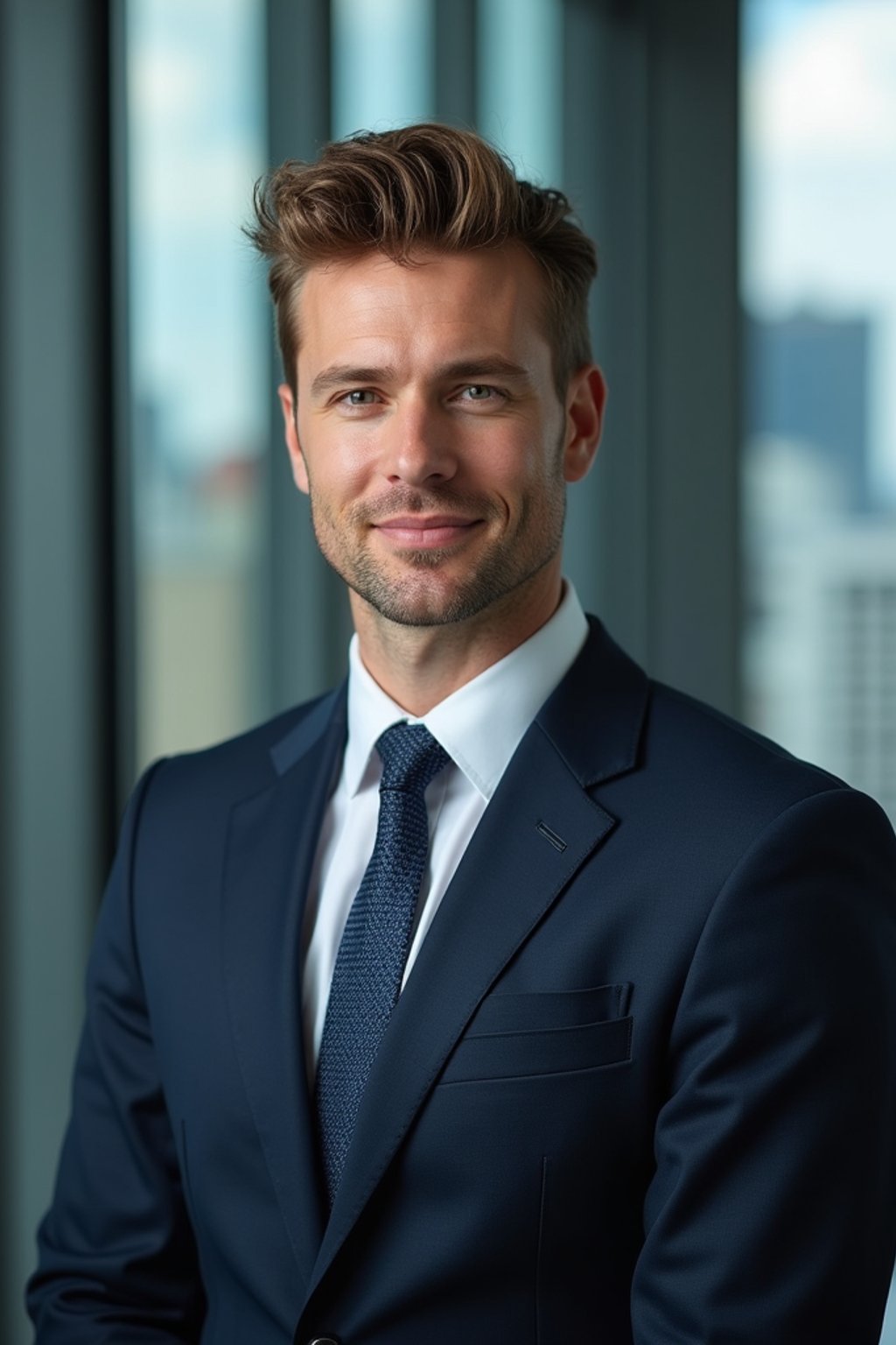 8k professional headshot of man, crisp details, studio backdrop, executive attire, confident posture, neutral expression, high-definition, corporate setting, sharp focus, ambient lighting, business professional, cityscape view