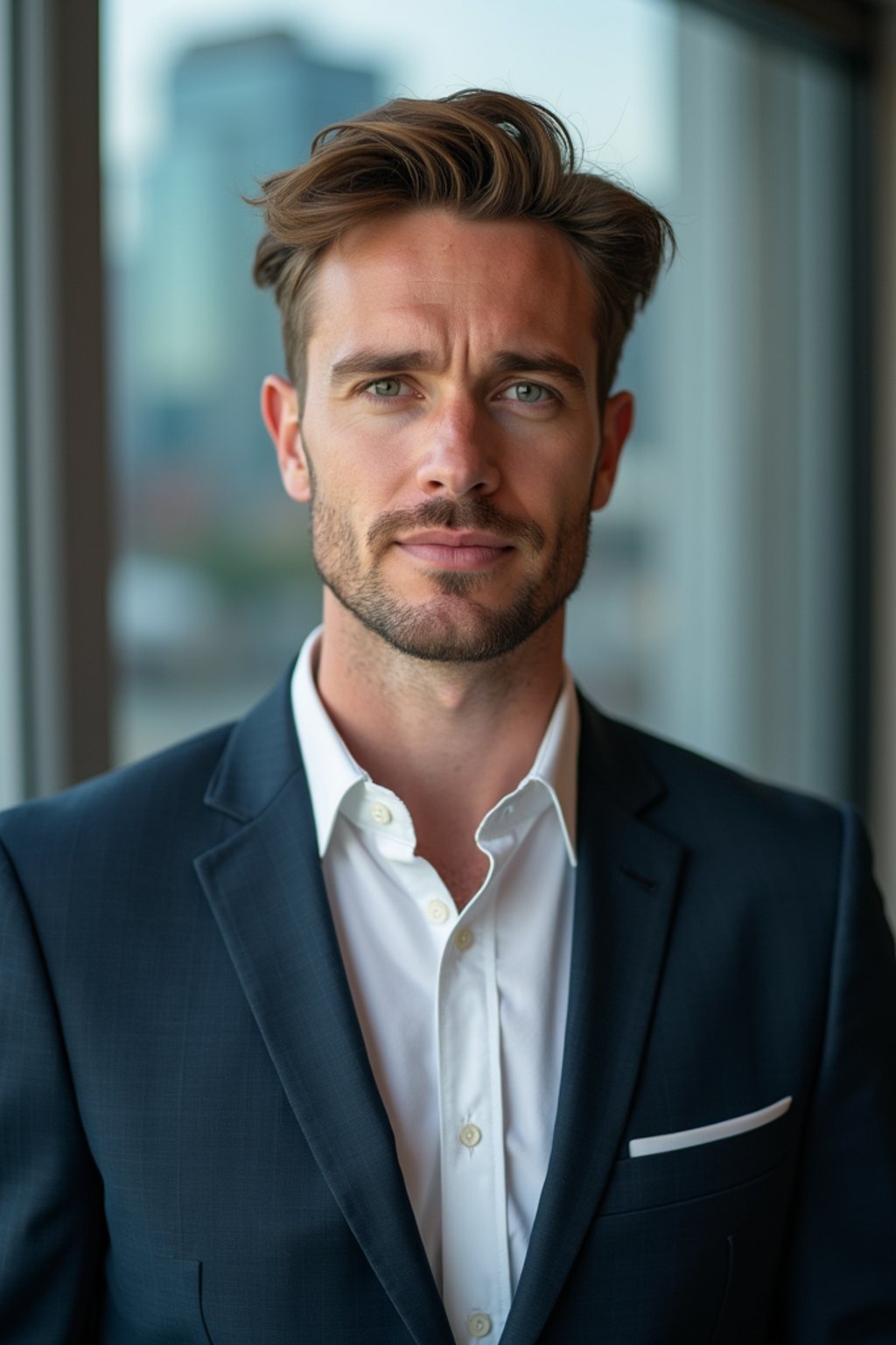 8k professional headshot of man, crisp details, studio backdrop, executive attire, confident posture, neutral expression, high-definition, corporate setting, sharp focus, ambient lighting, business professional, cityscape view