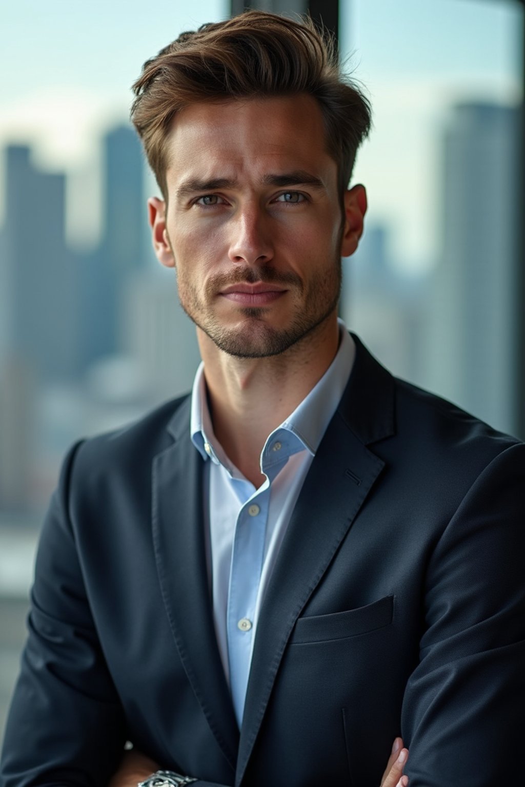 8k professional headshot of man, crisp details, studio backdrop, executive attire, confident posture, neutral expression, high-definition, corporate setting, sharp focus, ambient lighting, business professional, cityscape view