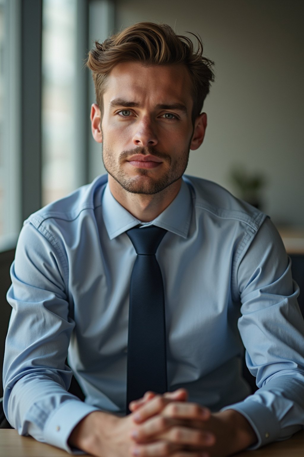 headshot of man, sitting at a desk, at a (office),  shirt and tie and suit pants