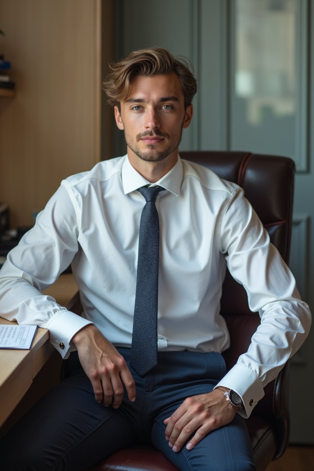 headshot of man, sitting at a desk, at a (office),  shirt and tie and suit pants