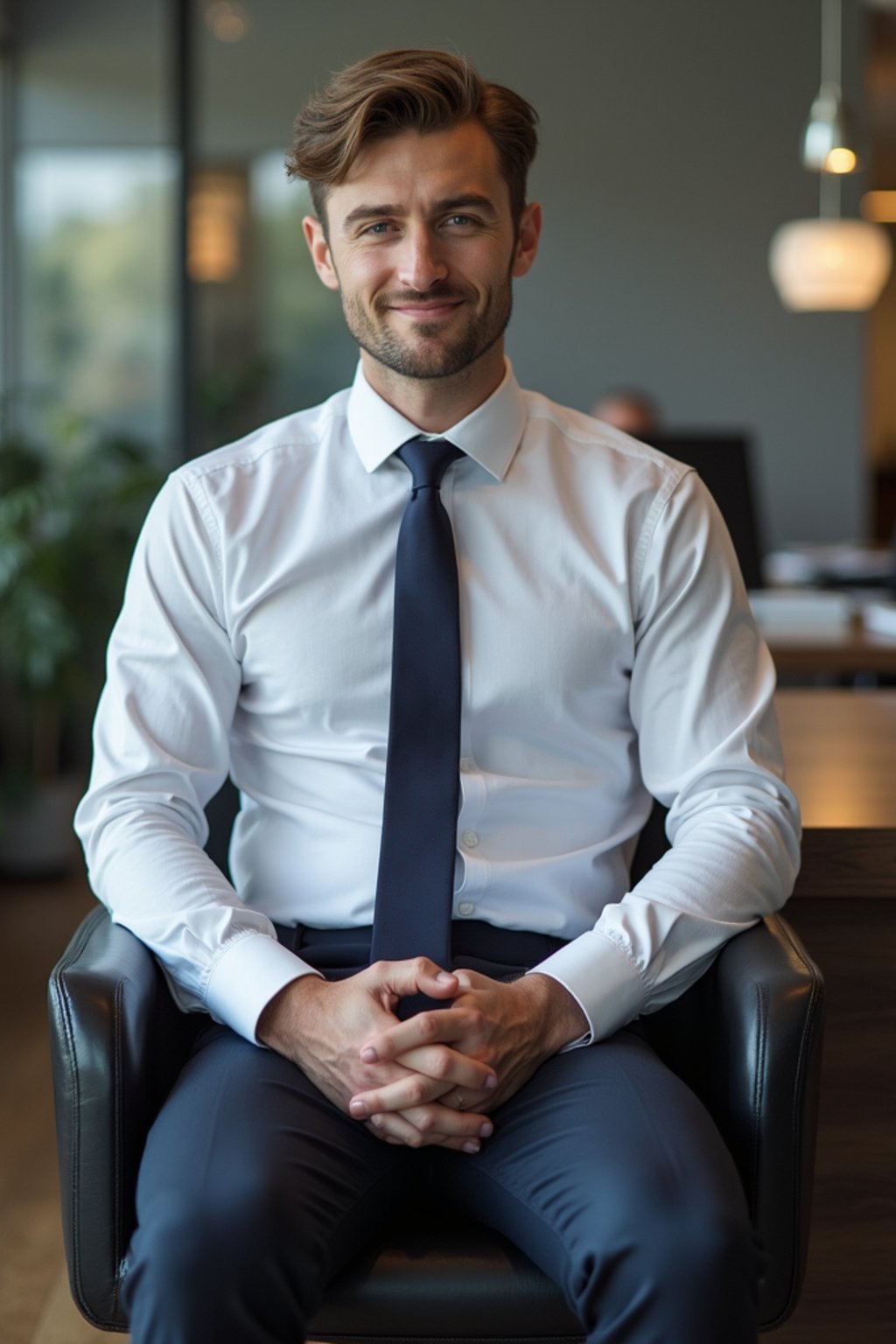 headshot of man, sitting at a desk, at a (office),  shirt and tie and suit pants