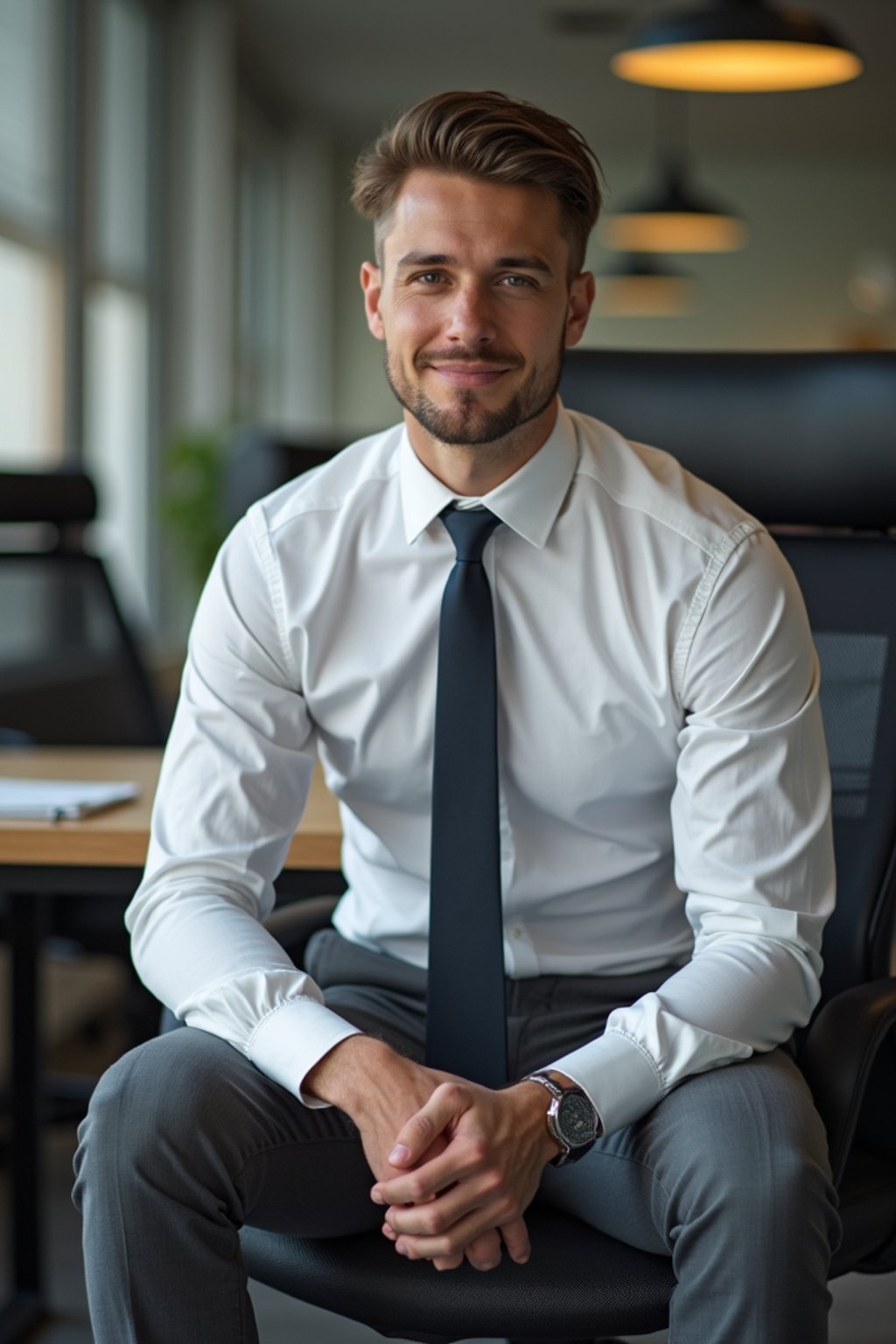 headshot of man, sitting at a desk, at a (office),  shirt and tie and suit pants