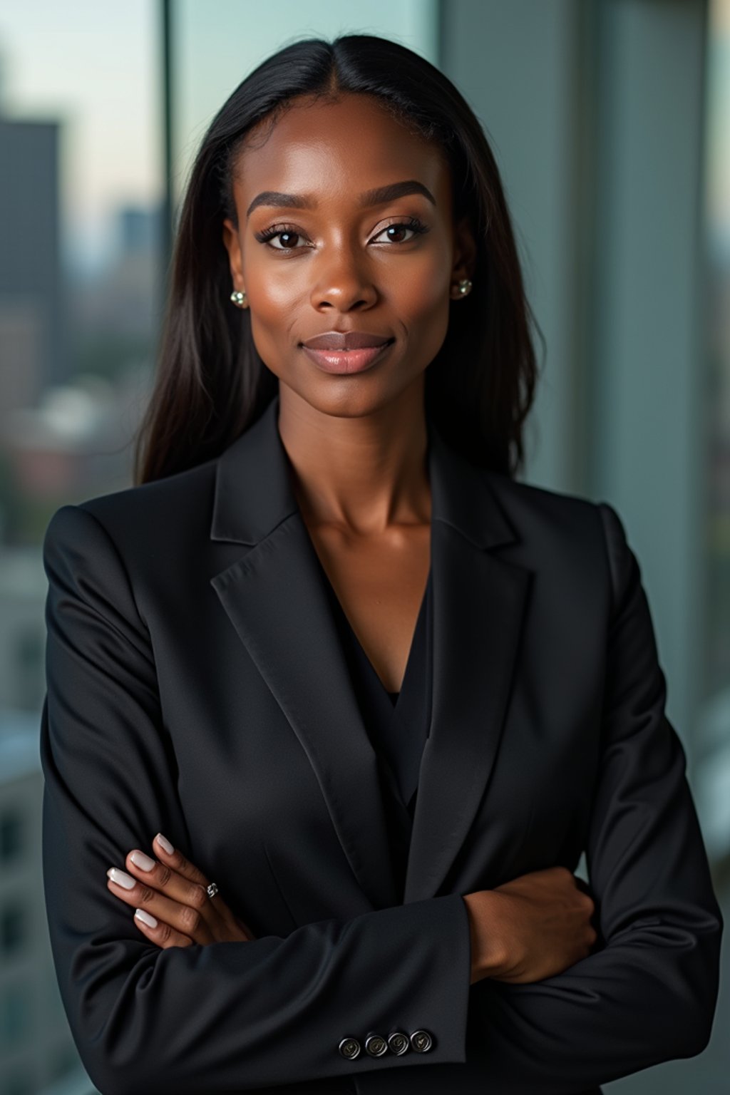 8k professional headshot of woman, crisp details, studio backdrop, executive attire, confident posture, neutral expression, high-definition, corporate setting, sharp focus, ambient lighting, business professional, cityscape view