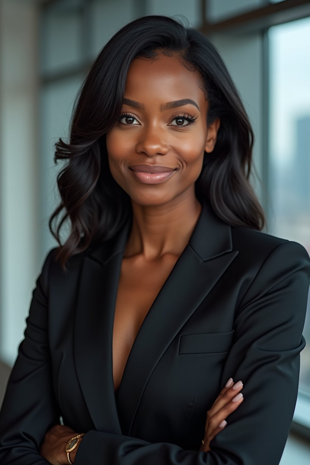 8k professional headshot of woman, crisp details, studio backdrop, executive attire, confident posture, neutral expression, high-definition, corporate setting, sharp focus, ambient lighting, business professional, cityscape view