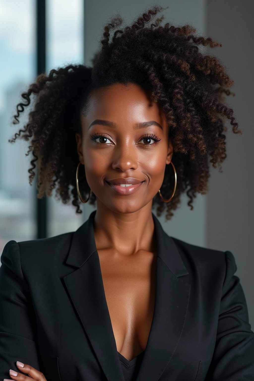 8k professional headshot of woman, crisp details, studio backdrop, executive attire, confident posture, neutral expression, high-definition, corporate setting, sharp focus, ambient lighting, business professional, cityscape view