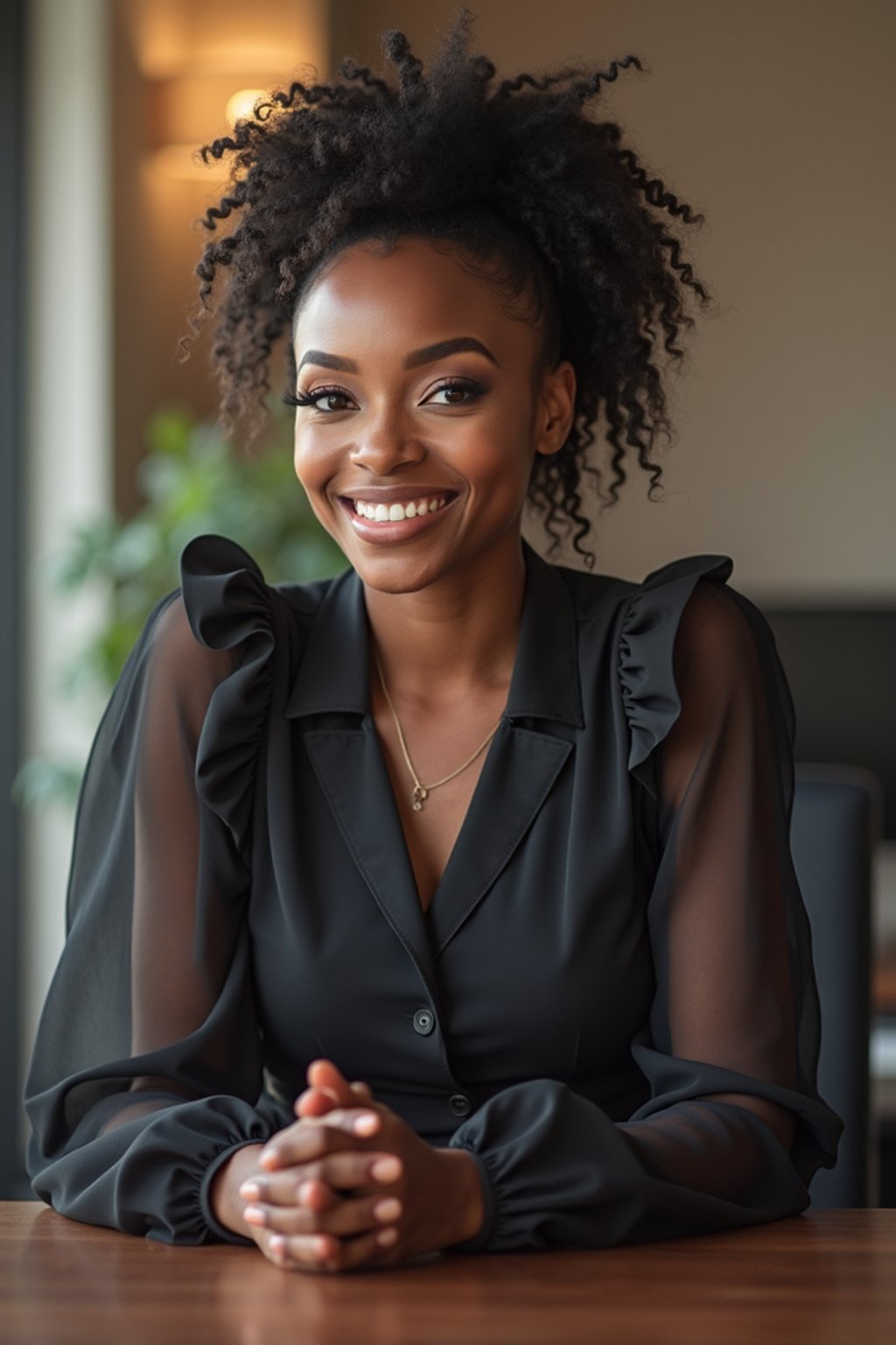 headshot of woman, sitting at a desk, at a (office), BREAK elegant blouse, pencil skirt, makeup