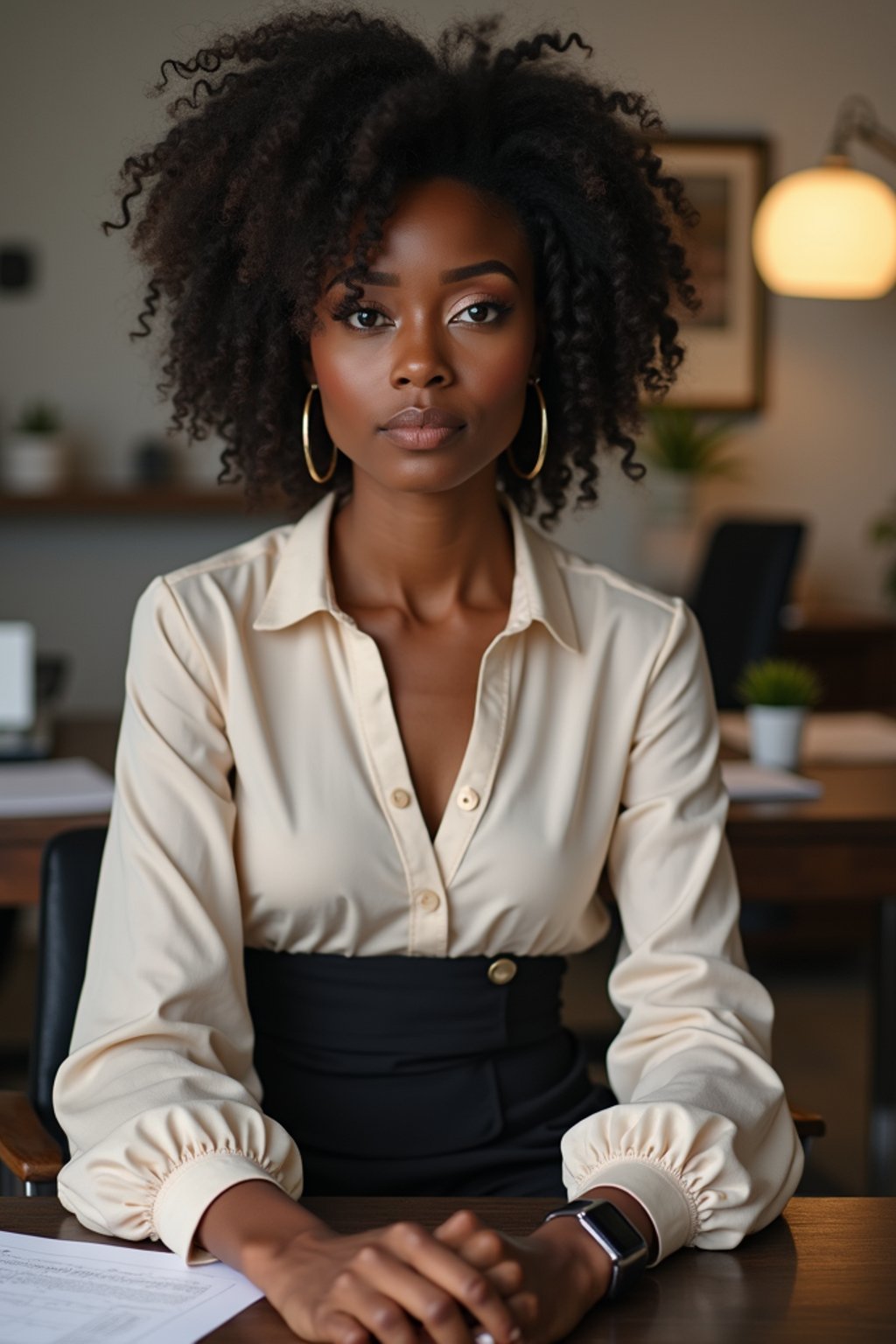 headshot of woman, sitting at a desk, at a (office), BREAK elegant blouse, pencil skirt, makeup