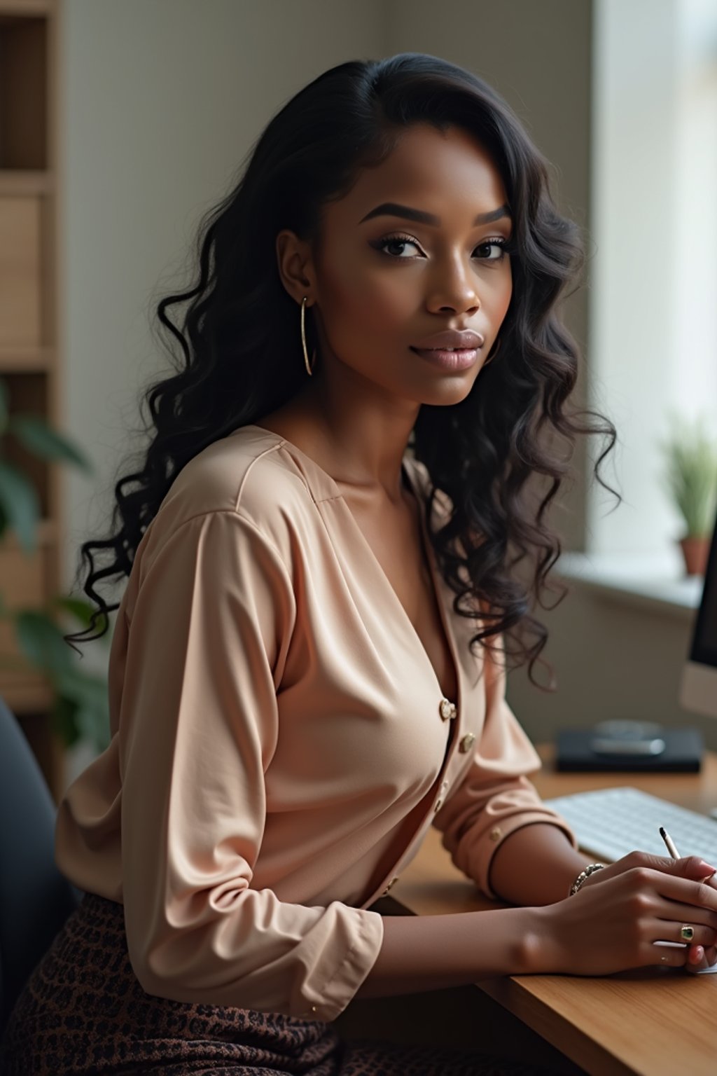 headshot of woman, sitting at a desk, at a (office), BREAK elegant blouse, pencil skirt, makeup