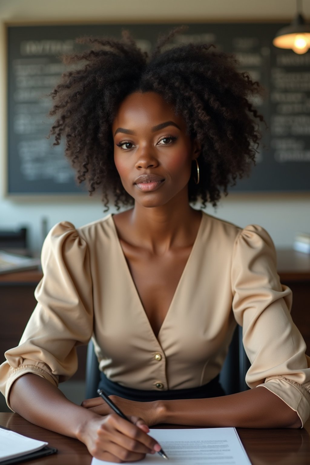 headshot of woman, sitting at a desk, at a (office), BREAK elegant blouse, pencil skirt, makeup