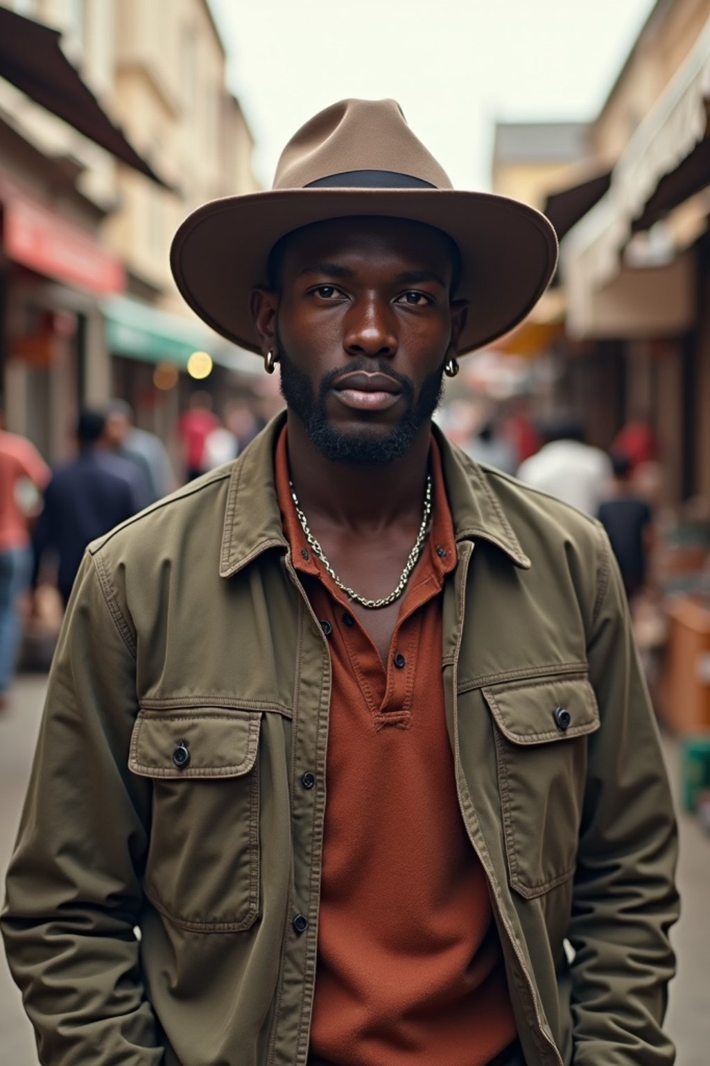 a stylish masculine  man exploring a street market