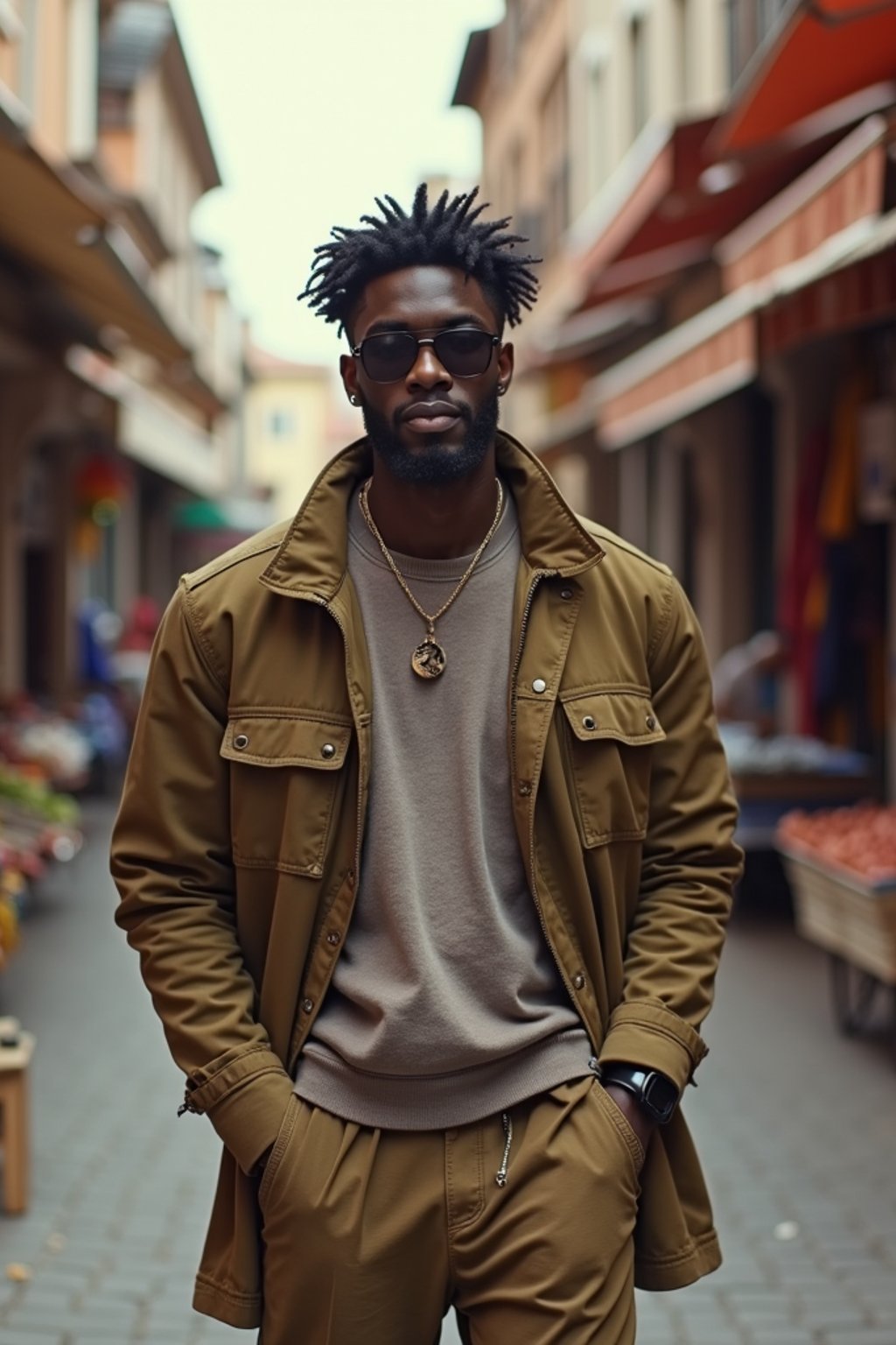 a stylish masculine  man exploring a street market