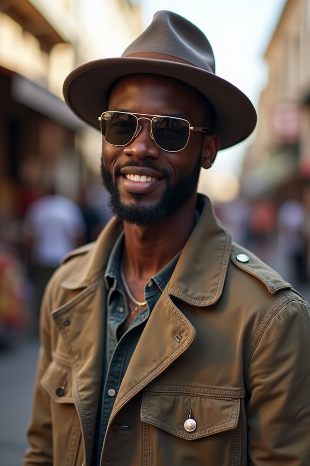 a stylish masculine  man exploring a street market