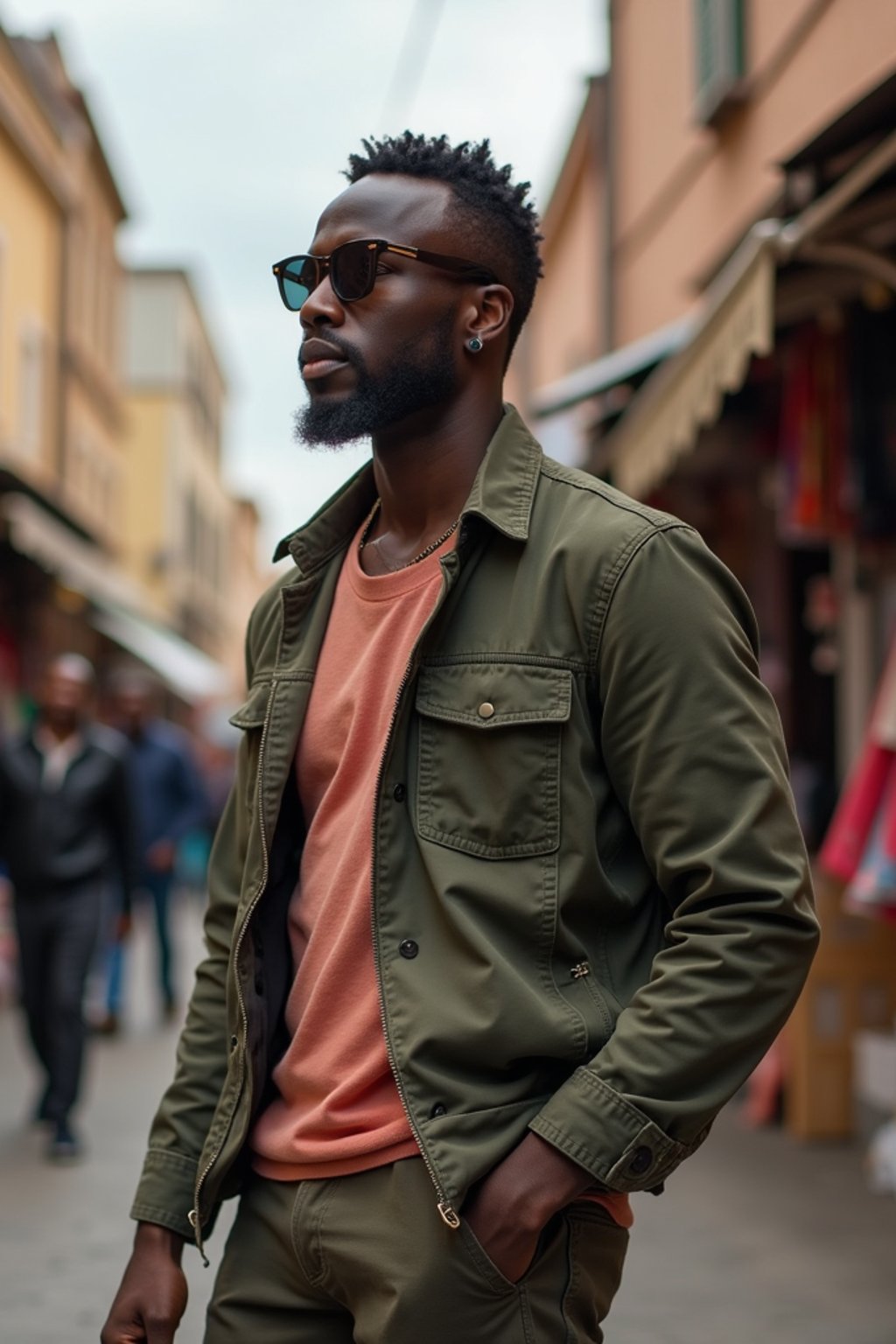 a stylish masculine  man exploring a street market