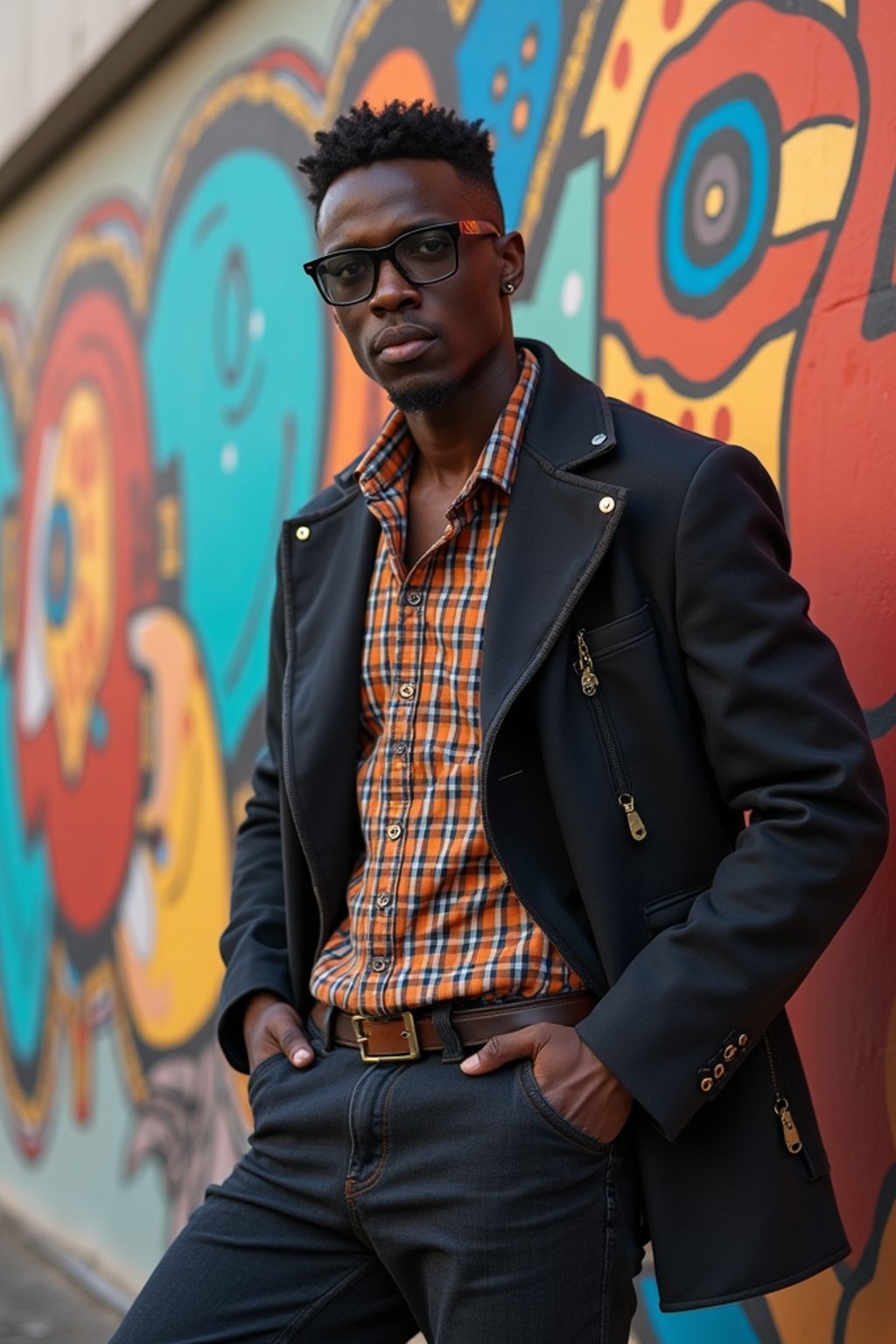 a fashionable masculine  man posing in front of street art