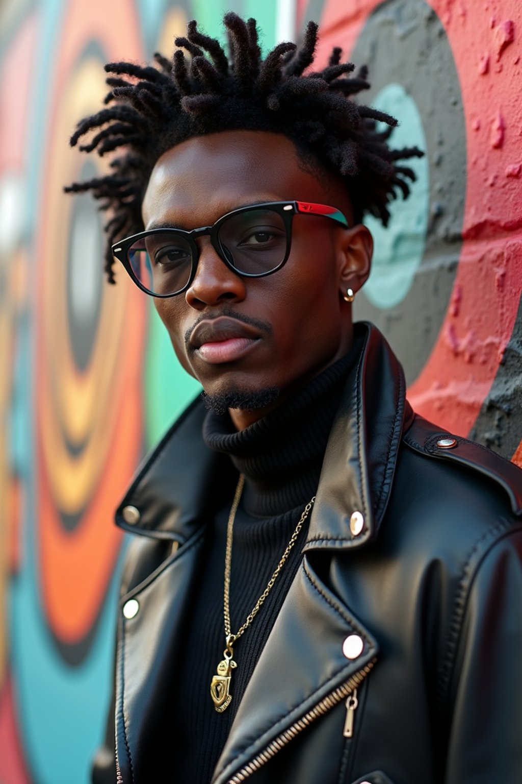 a fashionable masculine  man posing in front of street art