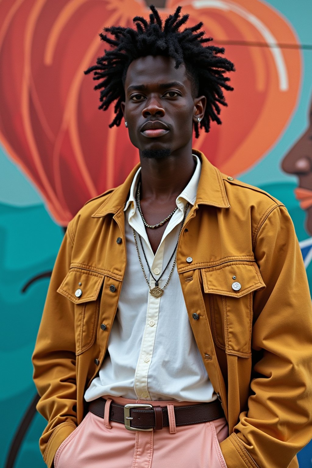 a fashionable masculine  man posing in front of street art