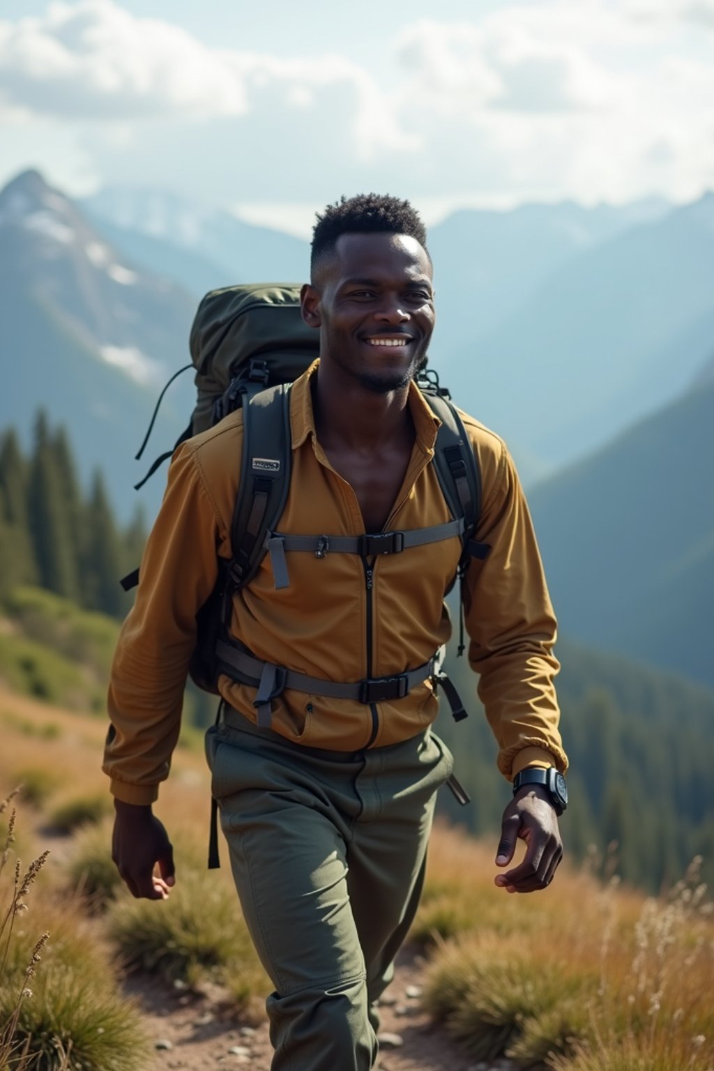 an adventurous masculine  man hiking in the mountains