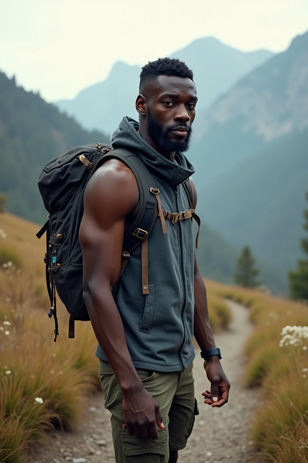 an adventurous masculine  man hiking in the mountains