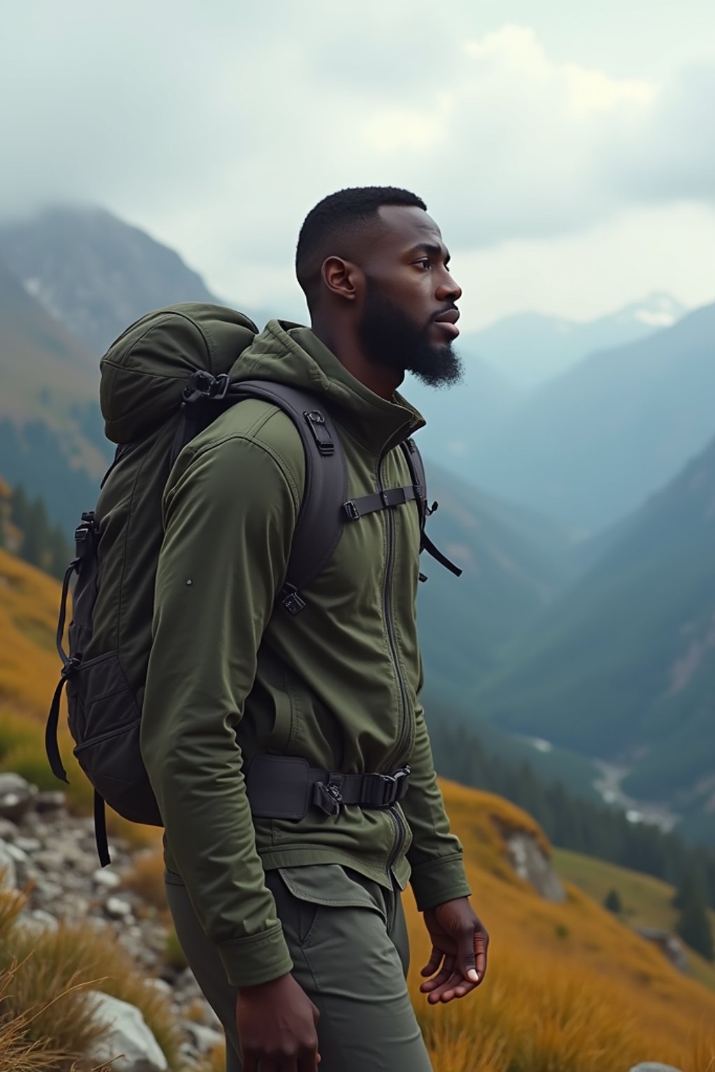 an adventurous masculine  man hiking in the mountains