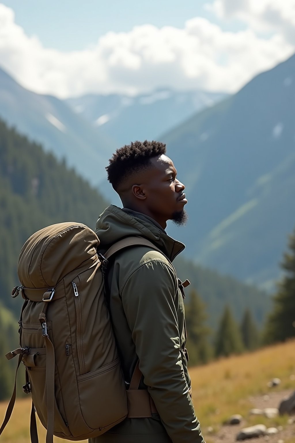 an adventurous masculine  man hiking in the mountains