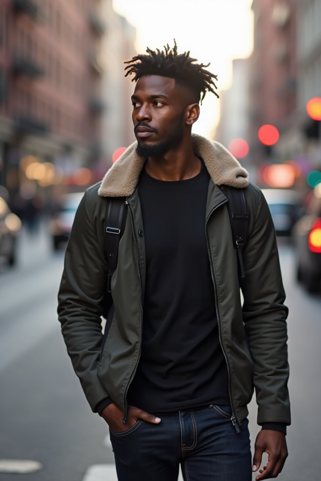 a confident masculine  man exploring a bustling city street