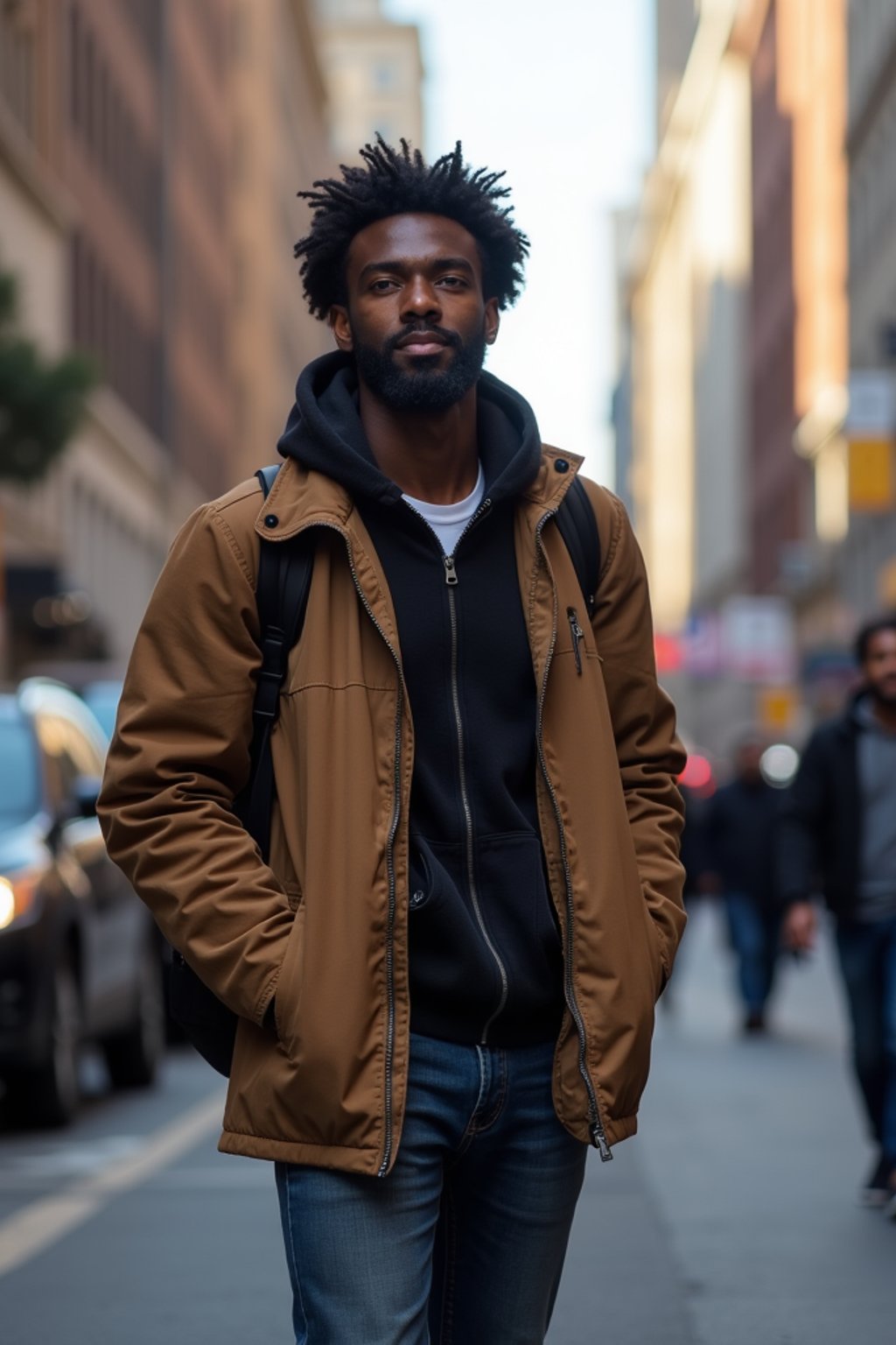 a confident masculine  man exploring a bustling city street