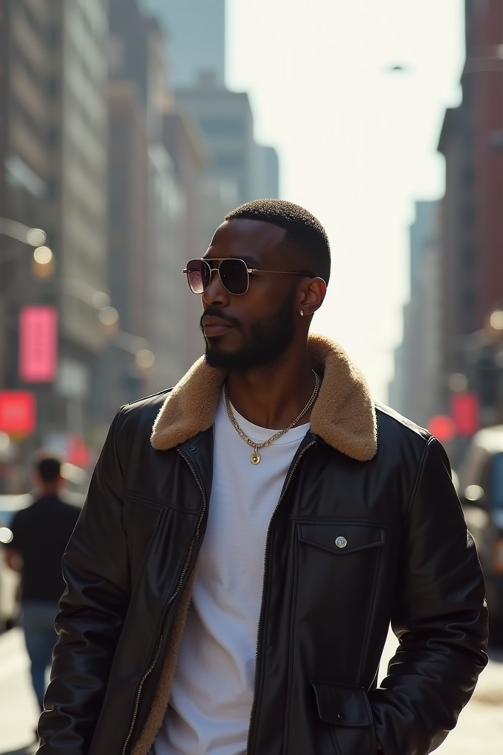 a confident masculine  man exploring a bustling city street