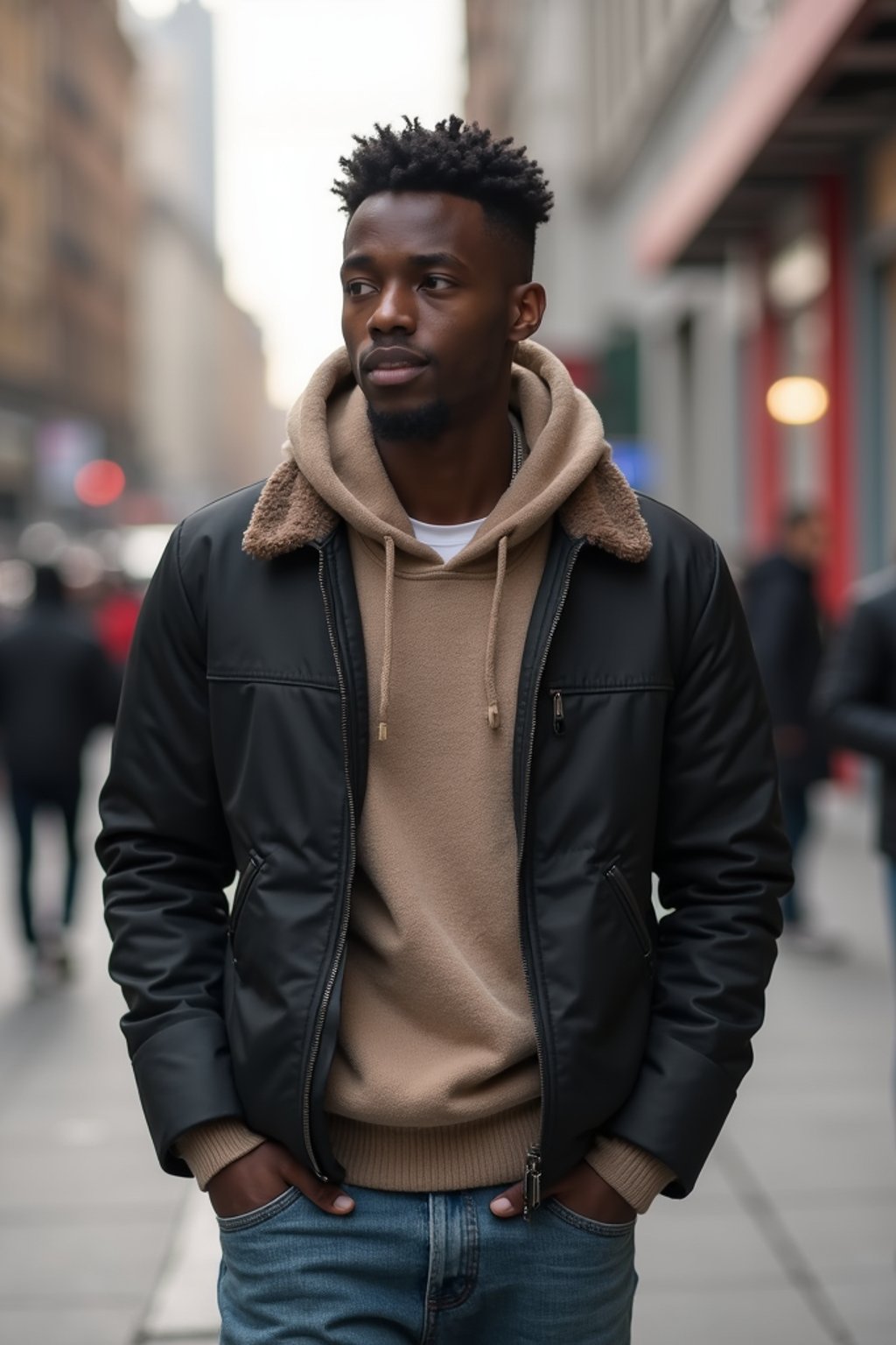 a confident masculine  man exploring a bustling city street