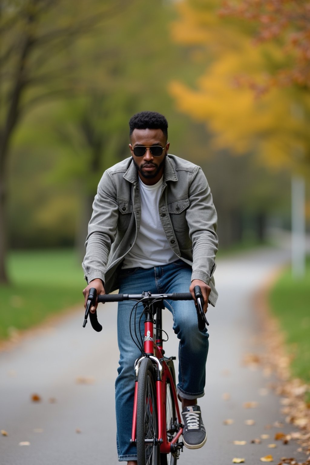 a stylish masculine  man enjoying a leisurely bike ride along a scenic path