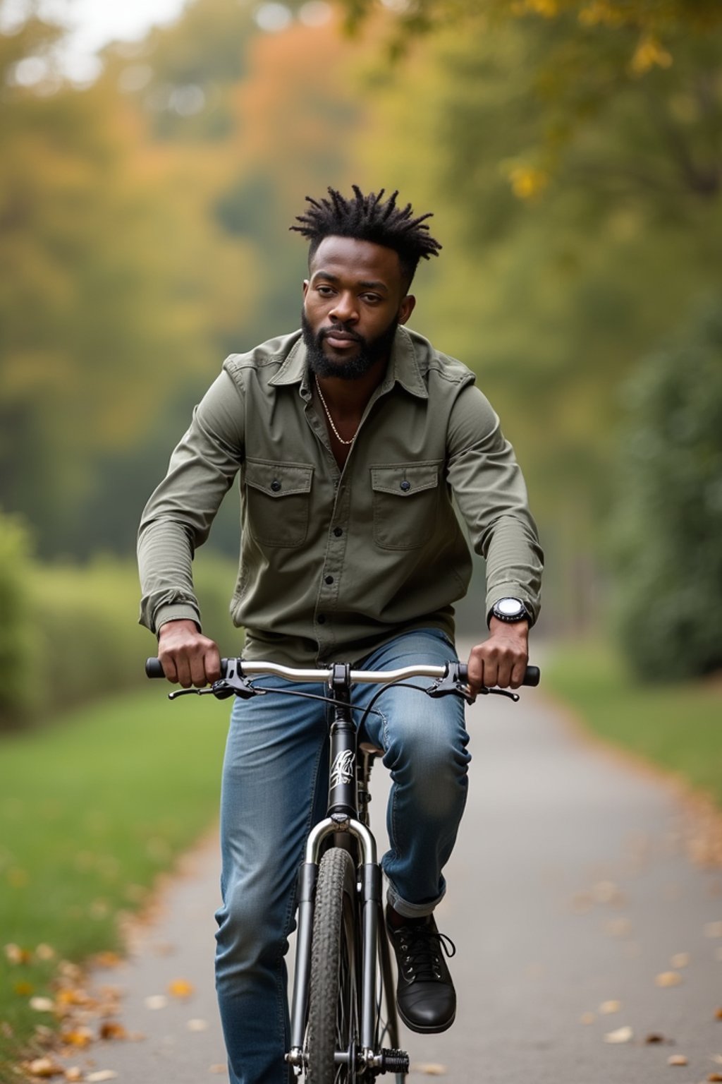 a stylish masculine  man enjoying a leisurely bike ride along a scenic path